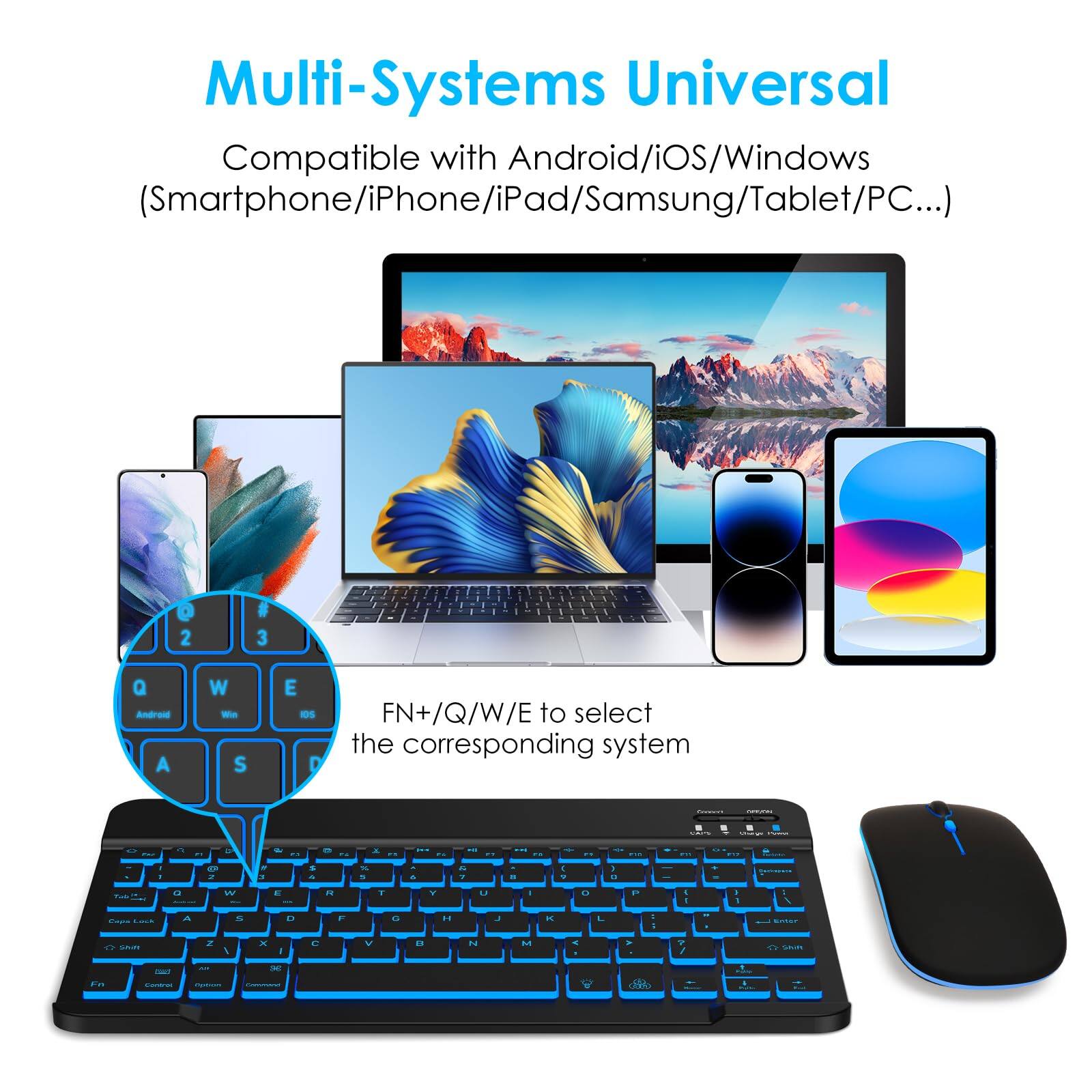 Multi-Systems Universal

Compatible with Android/iOS/Windows (Smartphone/iPhone/iPad/Samsung/Tablet/PC...)

FN+Q/W/E to select the corresponding system