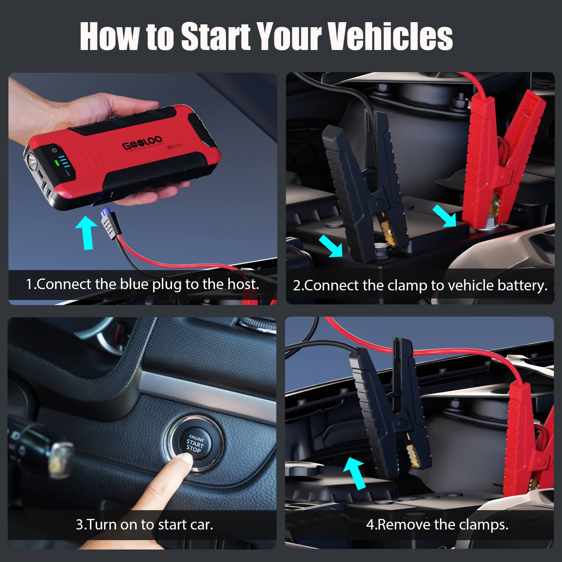 How to Start Your Vehicles

GOOLOO Service

1. Connect the blue plug to the host.
2. Connect the clamp to vehicle battery.
3. Turn on to start car.
4. Remove the clamps.