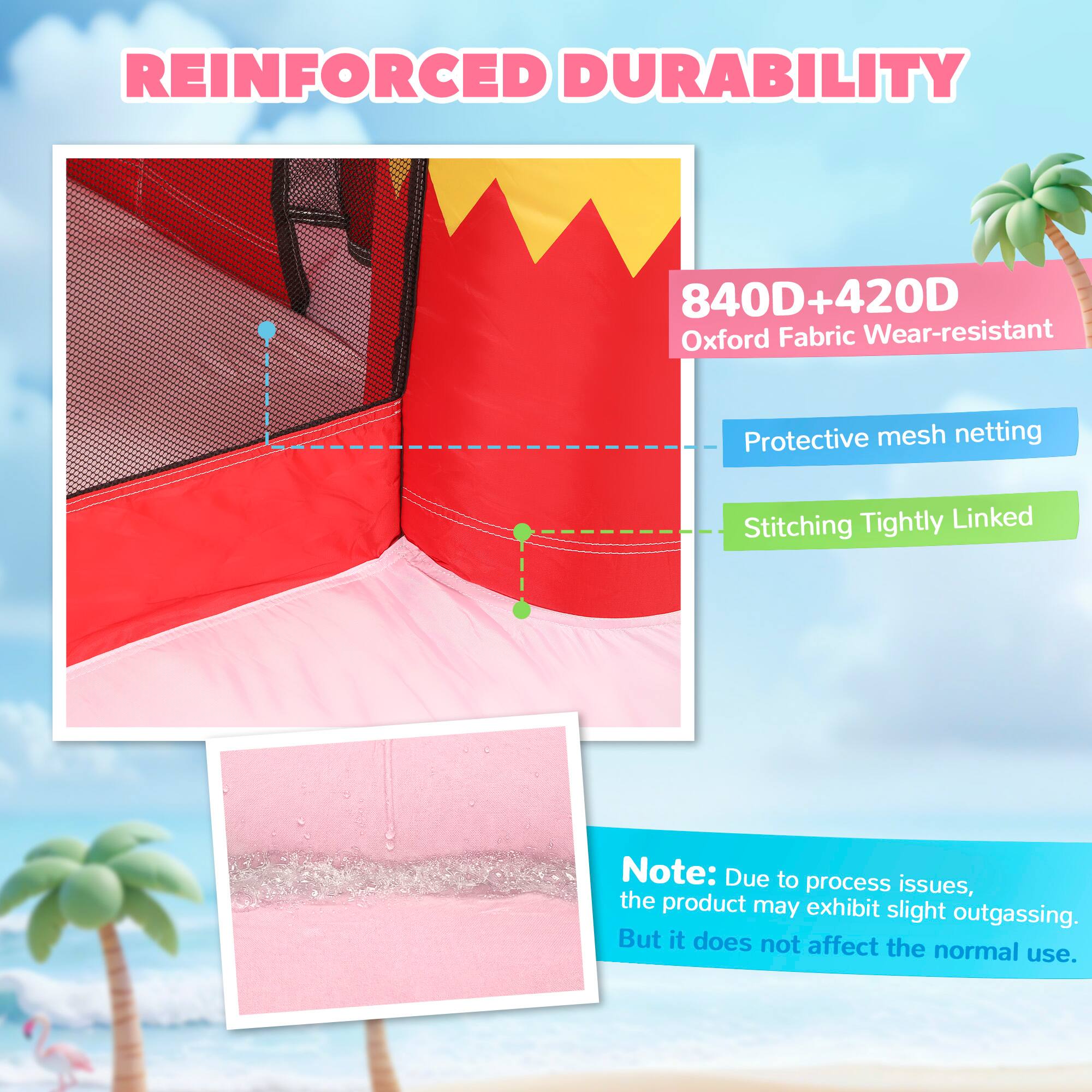 REINFORCED DURABILITY

840D+420D Oxford Fabric Wear-resistant

Protective mesh netting

Stitching Tightly Linked

Note: Due to process issues, the product may exhibit slight outgassing. But it does not affect the normal use.