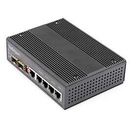 Startech - Industrial 6 Port Gigabit Ethernet Switch w/4 PoE RJ45 +2 SFP Slots 30W 802.3at PoE+ 12-48VDC 10/100/1000 Mbps -40C to 7 - Black