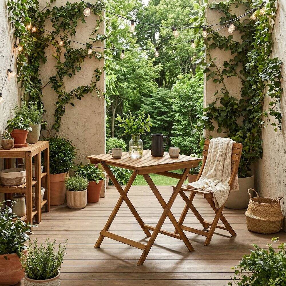 Alt View 2. Outdoor Escape - 3-Piece Outdoor Dining Set Wood-Tone Oil Finish - Table with 2 Folding Chairs - Natural Oil.