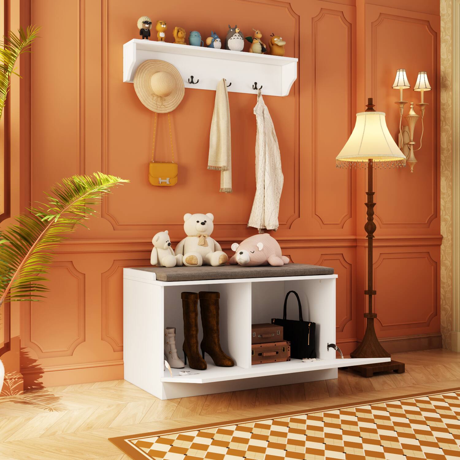 Alt View 2. FUFU&GAGA - Entryway Storage Bench with Cushion and Wall Hooks Organizer with Shelf for Shoes Coats and Daily Essentials - White.