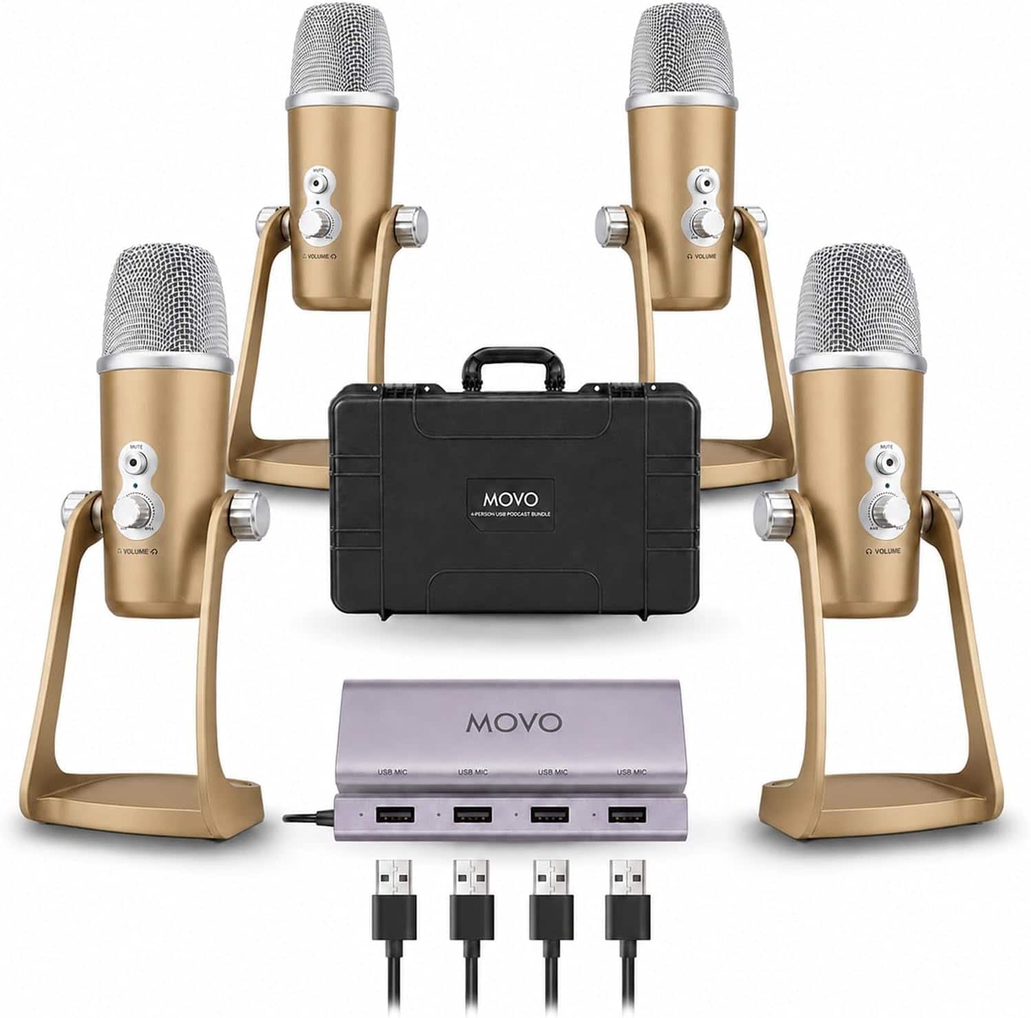 MOVO - 4-Person USB Podcast Bundle - 4 Condenser Mics, Hub & Case (Rose Gold)
