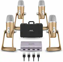 MOVO - 4-Person USB Podcast Bundle - 4 Condenser Mics, Hub & Case (Rose Gold)
