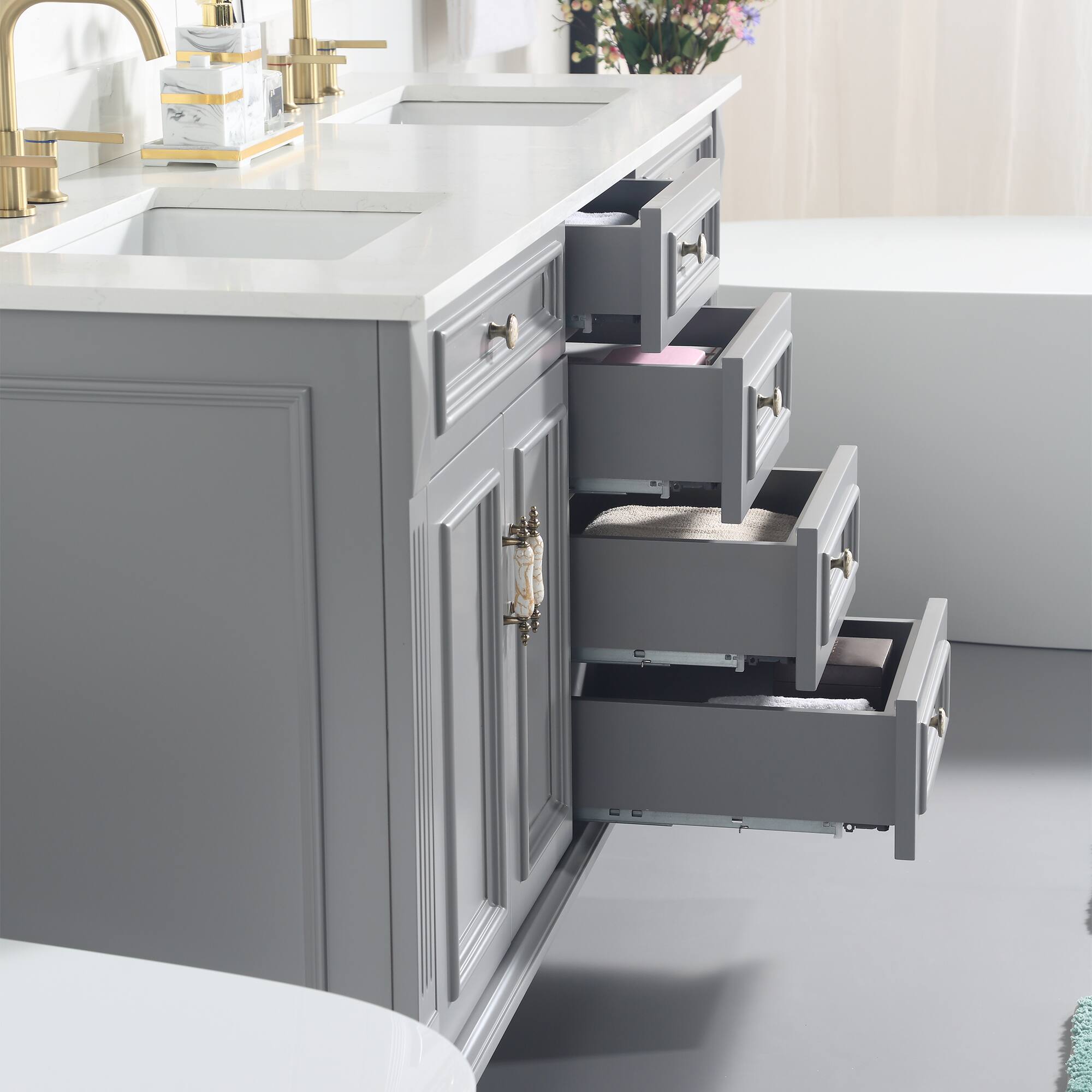 Back. WELLFOR - ARTWOOD 72 in. Solid Wood Bath Vanity with Quartz Top, Double Sink, Soft Close, Assembled - Gray.