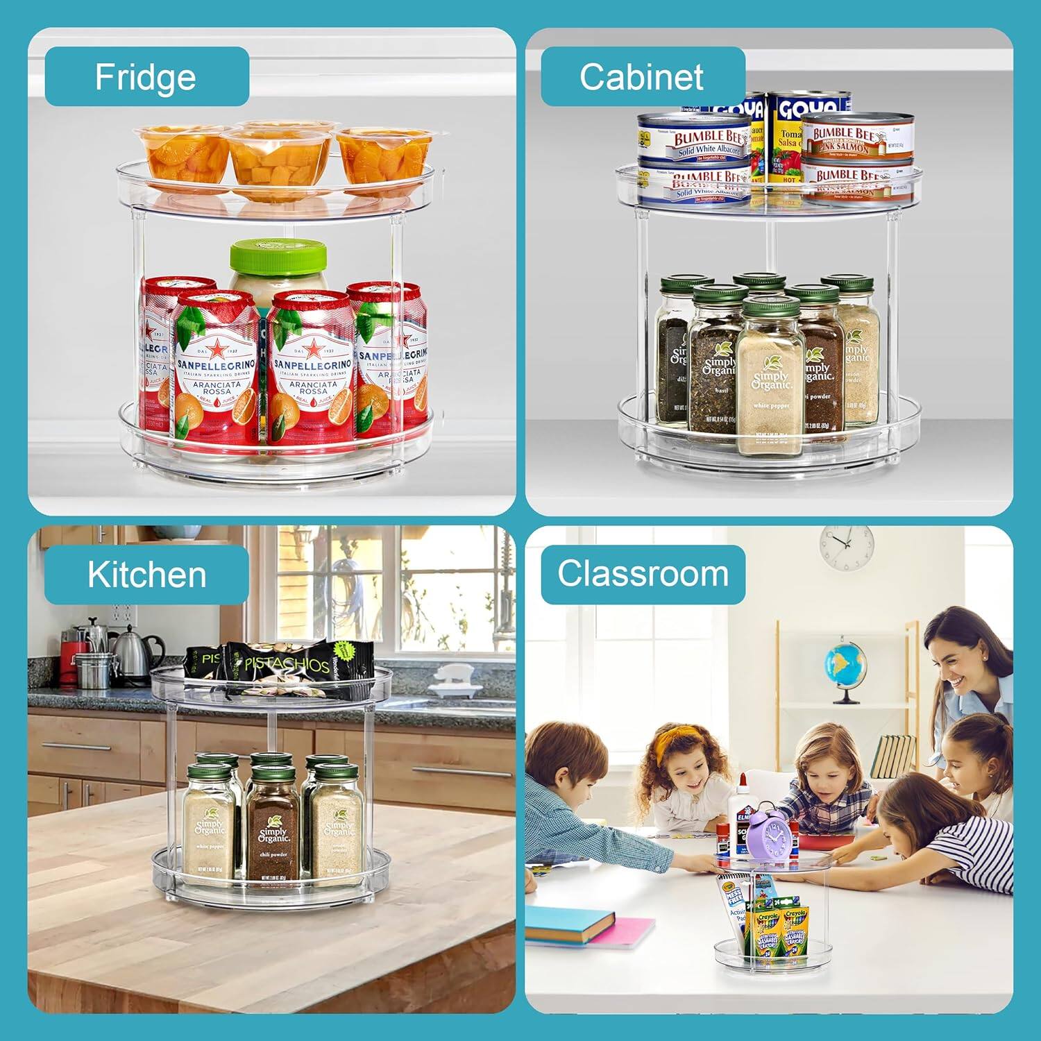 Fridge  
Cabinet  
Kitchen  
Classroom  

Fridge:  
- Sanpellegrino Aranciata  
- Sanpellegrino Aranciata Rossa  

Cabinet:  
- Bumble Bee White Tuna  
- Simply Organic spices  

Kitchen:  
- Simply Organic spices  
- Pistachios  

Classroom:  
- Various snacks and items on a rotating tray