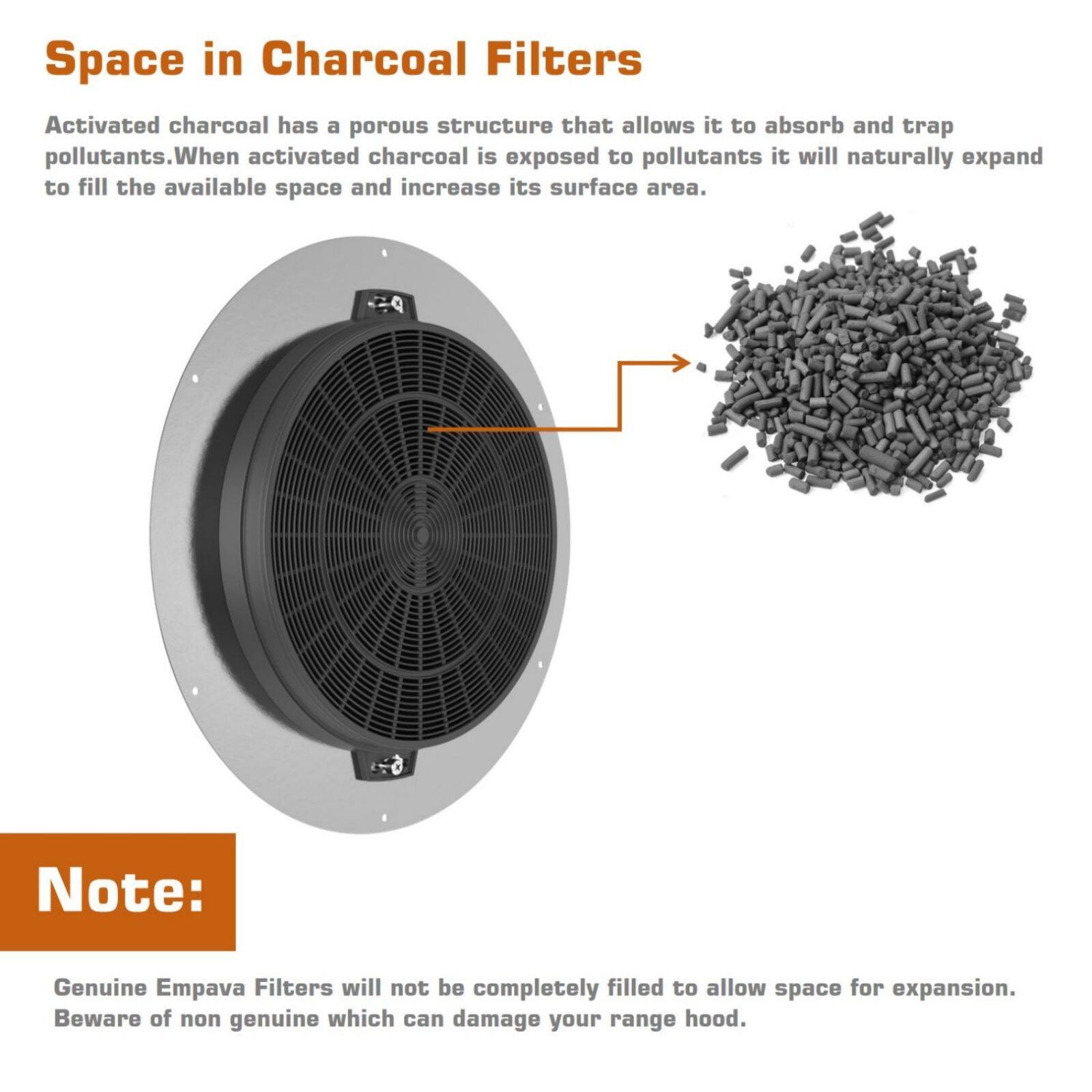 Space in Charcoal Filters: Activated charcoal has a porous structure that allows it to absorb and trap pollutants. When activated charcoal is exposed to pollutants, it will naturally expand to fill the available space and increase its surface area. Note: Genuine Empava Filters will not be completely filled to allow space for expansion. Beware of non-genuine filters, which can damage your range hood.