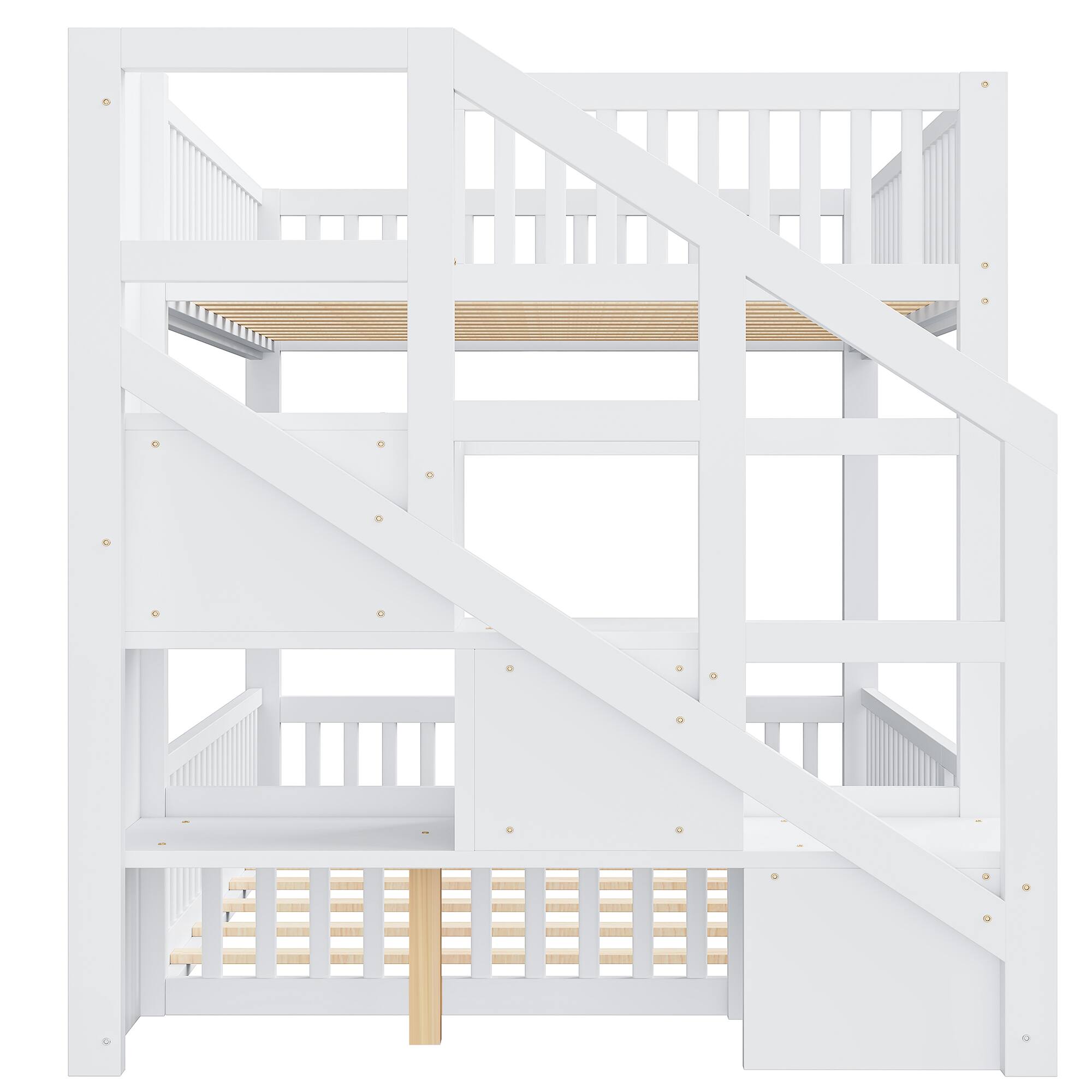 Alt View 1. Whisen - Full over Full Floor Bunk Bed,Low-Profile Bunk Bed with Storage Staircase & Guardrails - White.