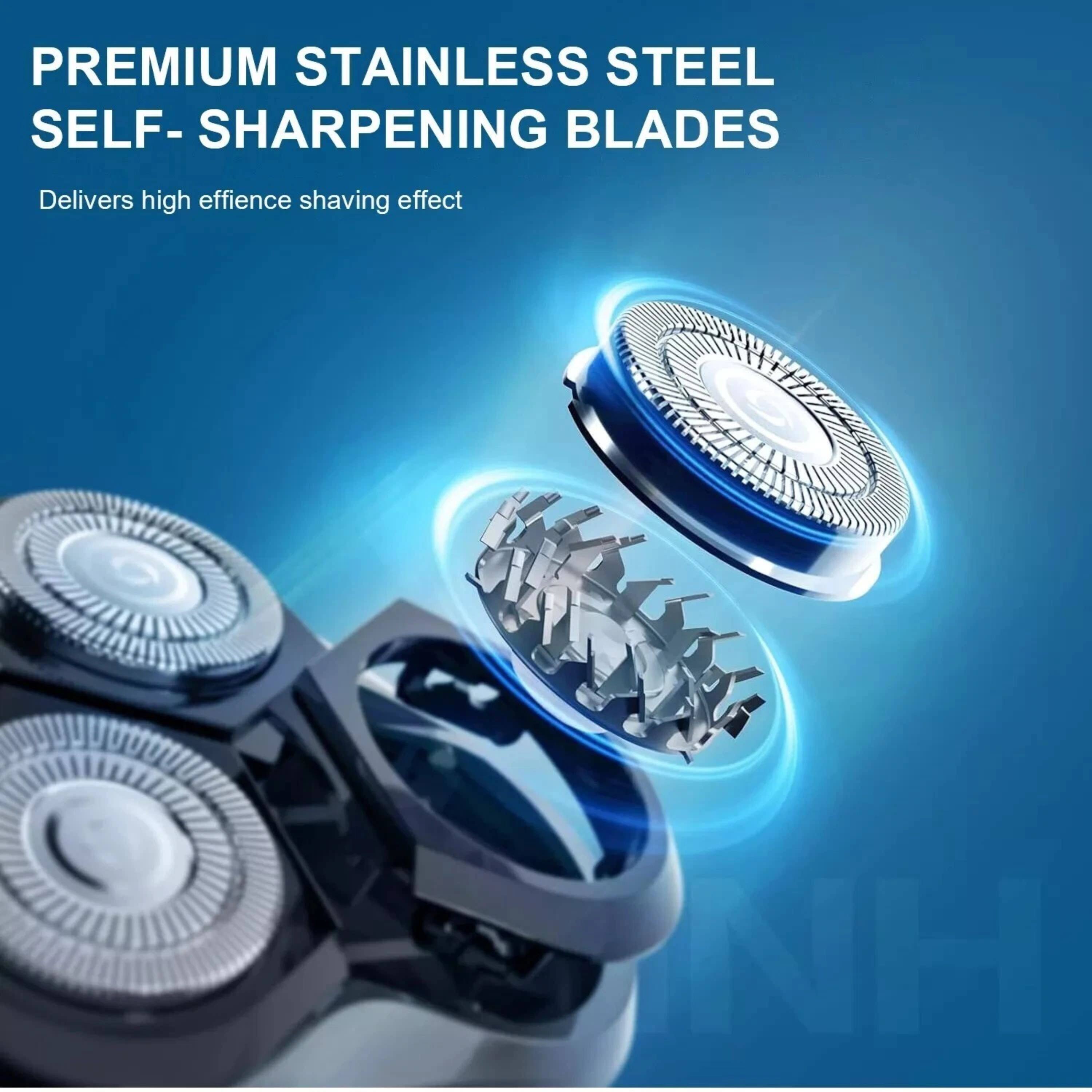 PREMIUM STAINLESS STEEL SELF-SHARPENING BLADES  
Delivers high efficiency shaving effect