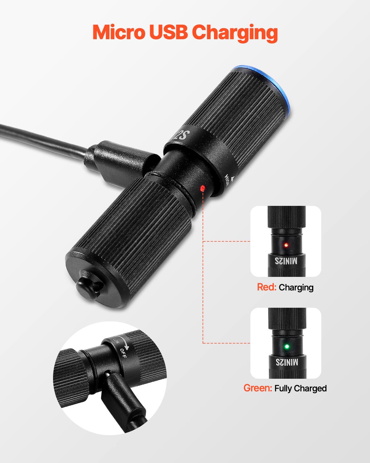 Micro USB Charging

Red: Charging

Green: Fully Charged