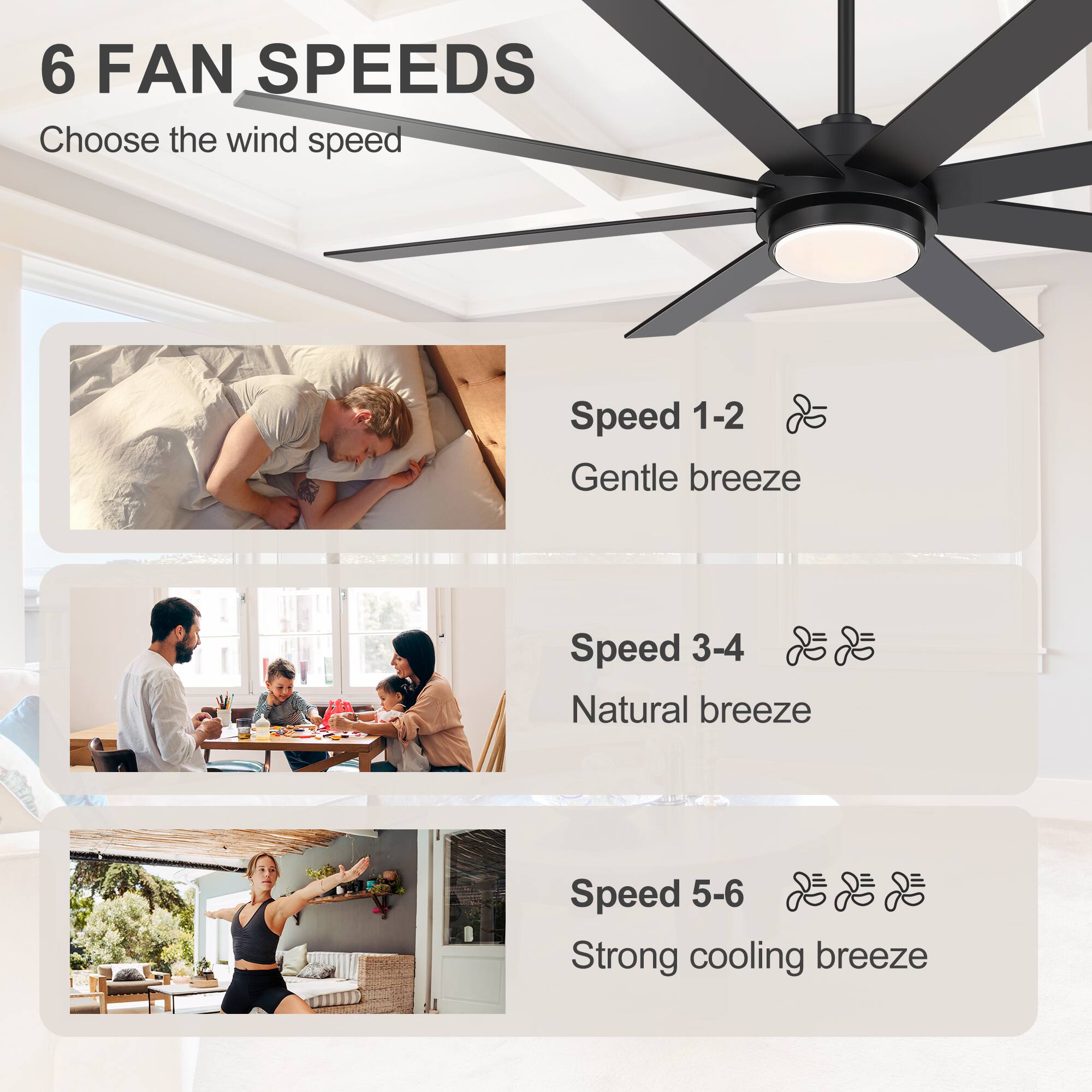 6 FAN SPEEDS  
Choose the wind speed

Speed 1-2  
Gentle breeze

Speed 3-4  
Natural breeze

Speed 5-6  
Strong cooling breeze