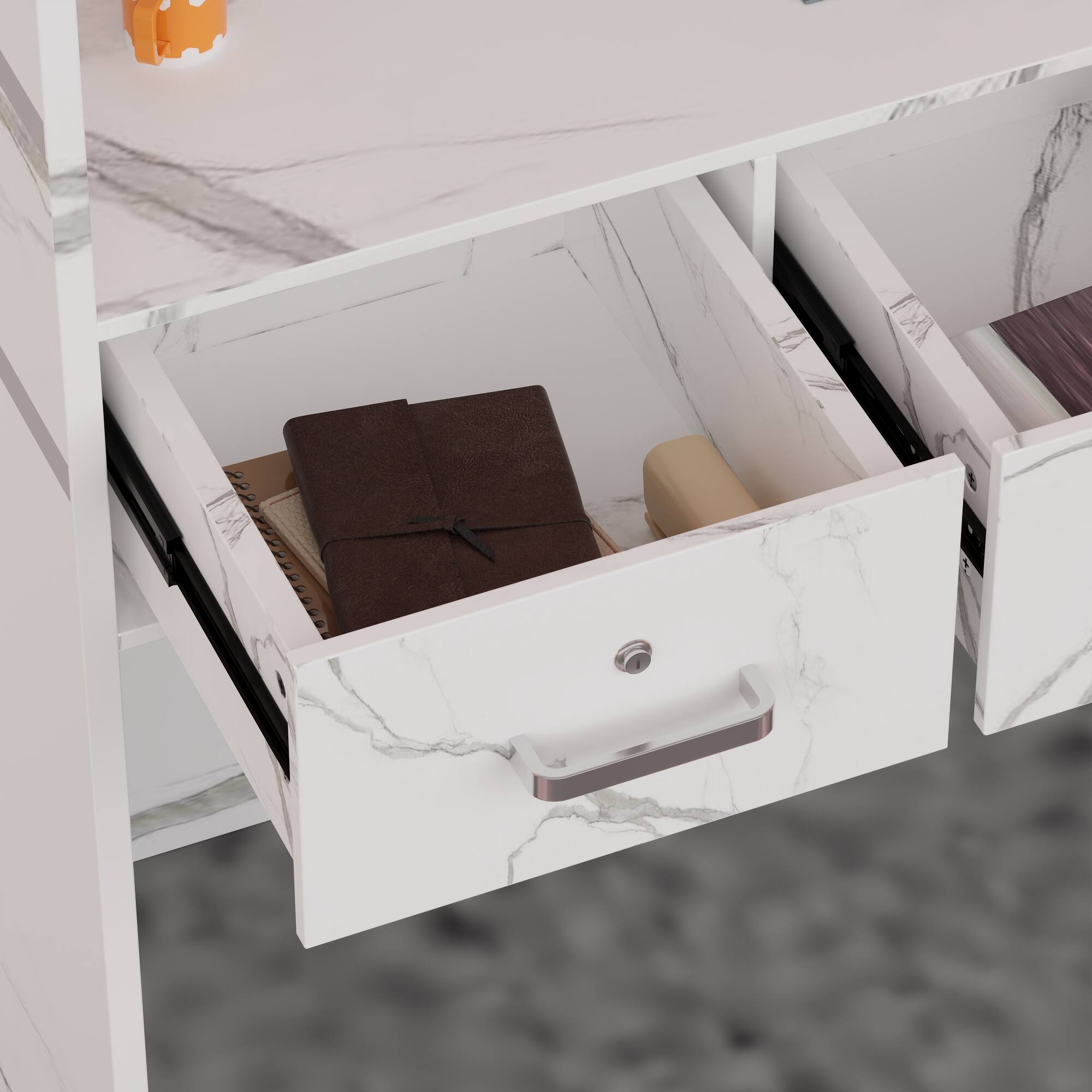 Alt View 9. Famapy - Marble Pattern Desk with Drawer and Cabinet, Computer Desk, Office Reception Table, Study Writing Table with Storage - Marble White.