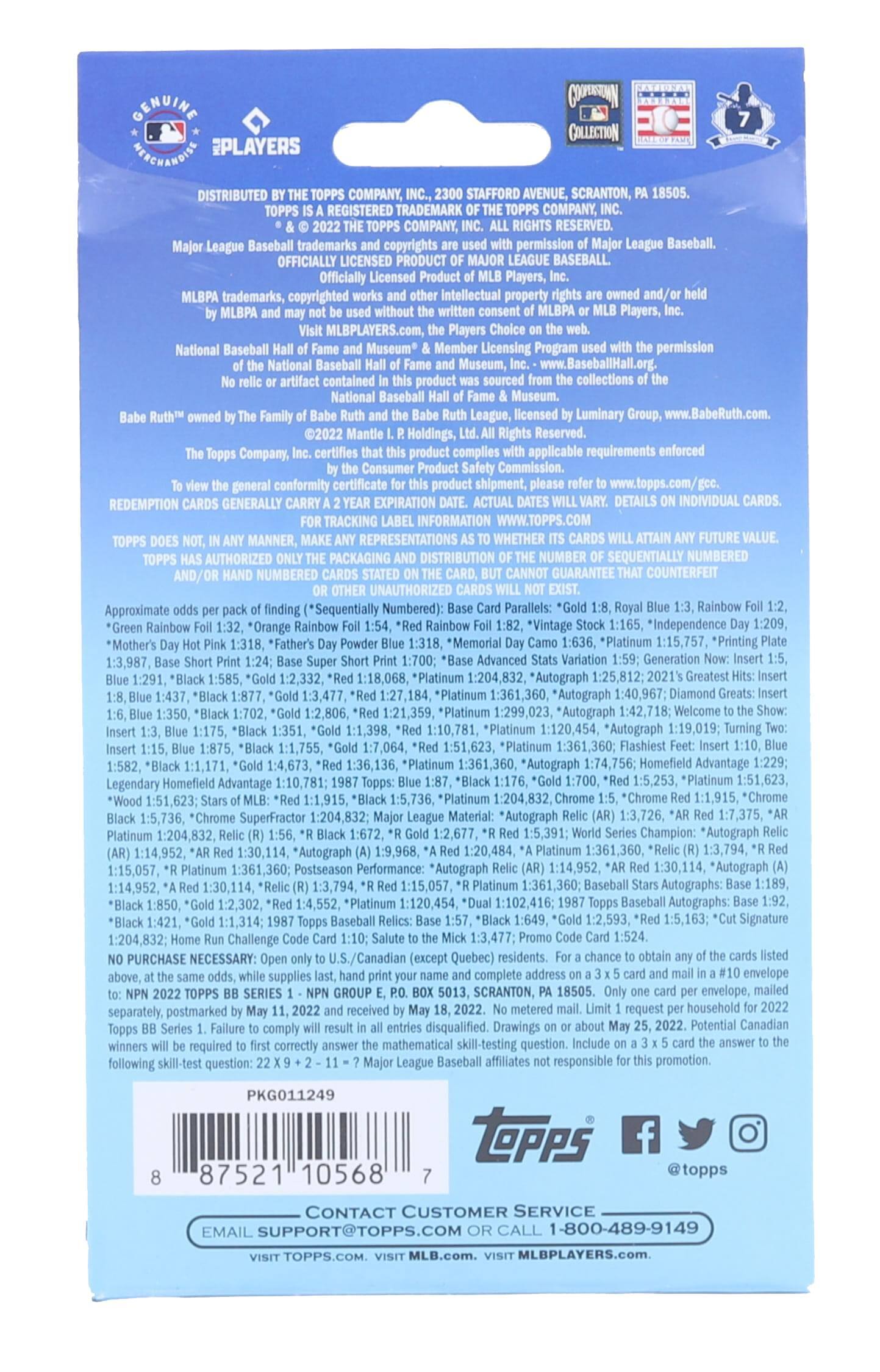 Sure, here is the corrected and grouped text from the image:

---

**EPLAYERS**

**DISTRIBUTED BY THE TOPPS COMPANY, INC., 330 STAFFORD AVENUE, SCRANTON, PA 18505.**

**MARK OF THE TOPPS COMPANY, INC. ALL RIGHTS RESERVED.**

**MAJOR LEAGUE BASEBALL trademarks and copyrights are used with permission of Major League Baseball.**

**MLBPA trademarks, copyrighted works and other intellectual property rights are owned and/or held by MLBPA and may not be used without the written consent of MLB Players, Inc.**

**Visit MLBPLAYERS.com, the official website of the Major League Players Association.**

**National Baseball Hall of Fame and Museum™ & National Baseball Hall of Fame™ are trademarks of the National Baseball Hall of Fame and Museum, Inc. All Rights Reserved.**

**No relic or artifact contained in this product complies with applicable requirements enforced by the Consumer Product Safety Commission.**

**The Topps Company, Inc. © 2022 Mantle I. R. Holdings, Inc., certifies that this product complies with applicable requirements enforced by the Consumer Product Safety Commission.**

**GENERAL CONFORMITY CERTIFICATE: This