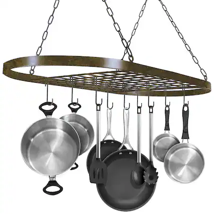 Front. Sorbus - Sorbus® Pot and Pan Rack for Ceiling with Hooks, Decorative Oval Mounted Storage Rack, Multi-Purpose Organizer for Home - Brown.