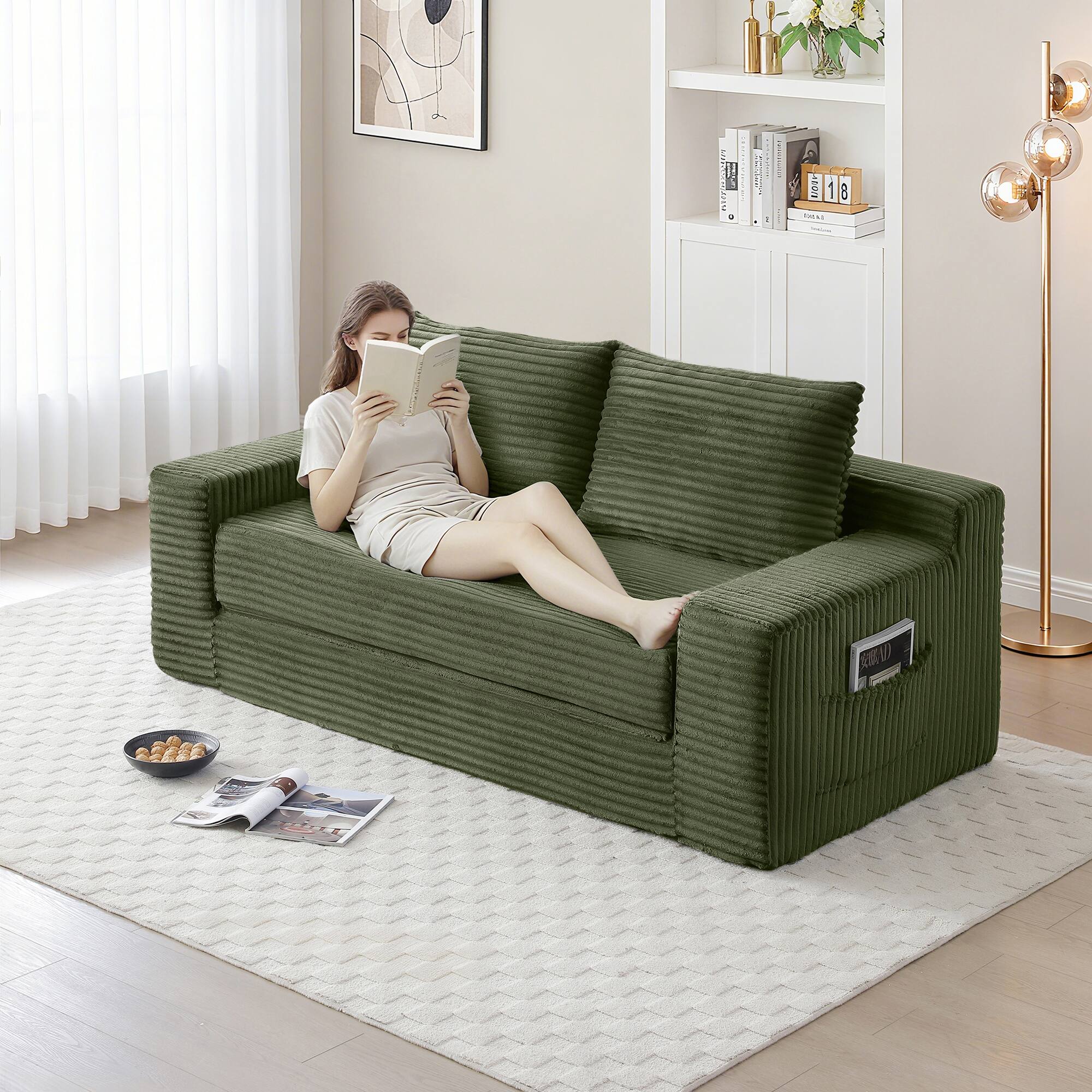 Alt View 1. Trinkets Crazed - Memory Foam Cloud Loveseat Sofa,2 in 1 Convertible Folding Couch Bed,No Assembly Compressed Corduroy Floor Lounge Sofa - Green.