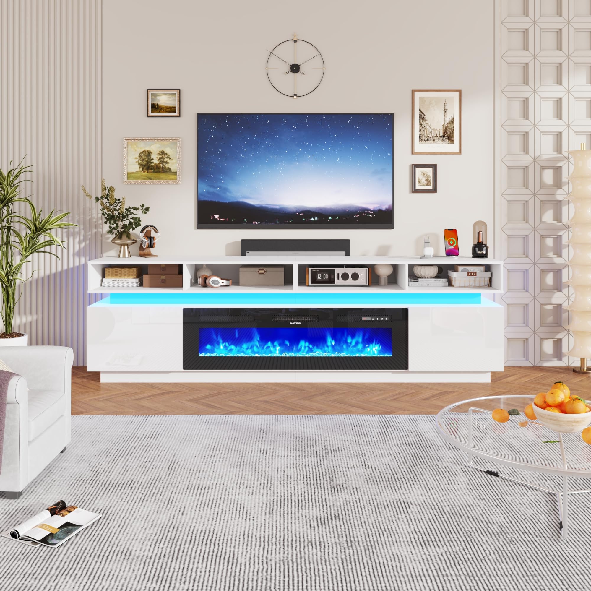 Angle. Espafurni - 93" Fireplace TV Stand for 100" TVs, 50" Electric Fireplace, LED, Power Outlets - White.