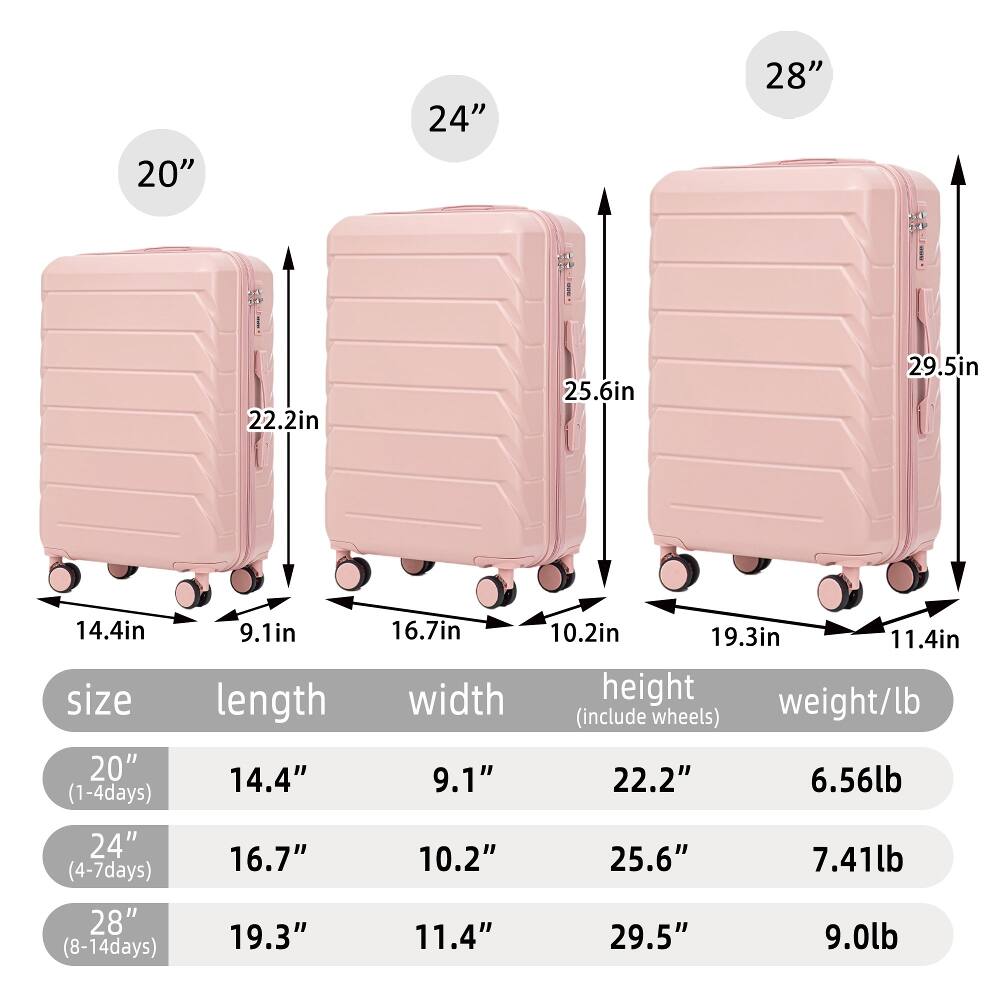 20"  
24"  
28"  
22.2in  
25.6in  
29.5in  
14.4in  
size 20" (1-4days)  
9.1in  
length 14.4"  
16.7in  
10.2in  
19.3in  
11.4in  
width height weight/lb (include wheels) 9.1" 22.2" 6.56lb  
24" (4-7days)  
28" (8-14days)  
16.7"  
19.3"  
10.2"  
11.4"  
25.6"  
29.5"  
7.41lb  
9.0lb