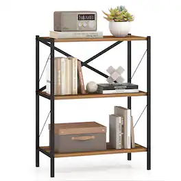 Gymax - 3-Tier Bookshelf Industrial Bookcase w/ Heavy-Duty Metal Frame Book Holder - Brown