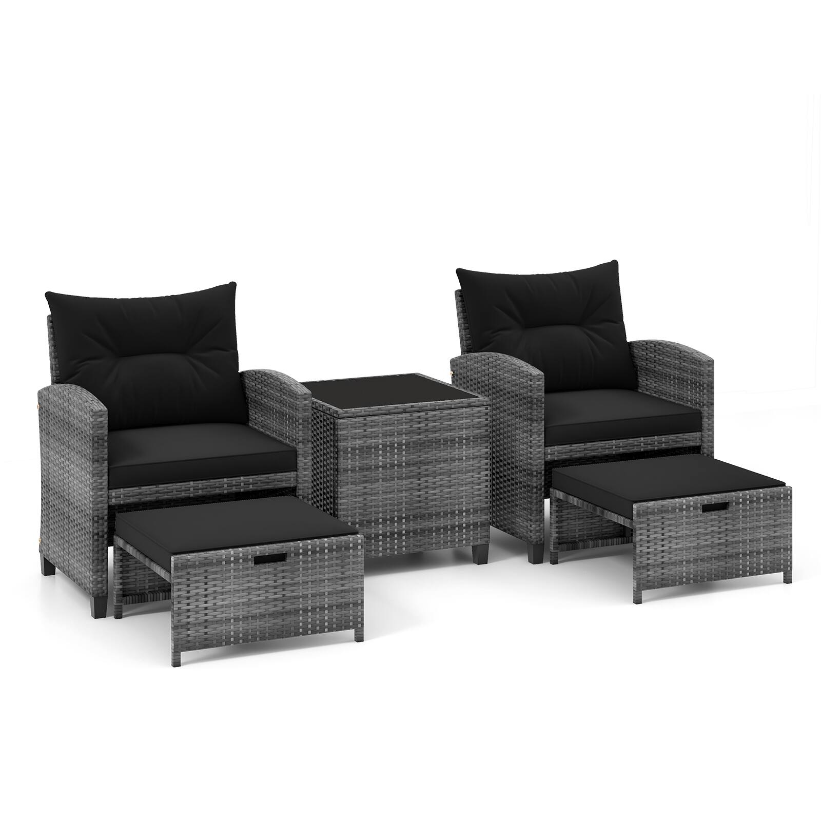 Alt View 4. Gymax - Gymax 5 PCS Rattan Furniture w/ 2 Ottomans & Tempered Glass Coffee Table Patio Black - Black.