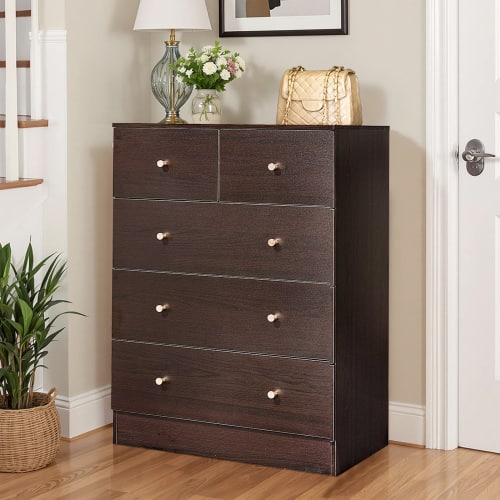 Winado - Modern Wood 5 Drawer Dresser Chest of Drawer Nightstand Anti-Tipping Device Metal Handle for Bedroom Living Room Hallway - Brown
