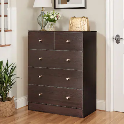 Front. Winado - Modern Wood 5 Drawer Dresser Chest of Drawer Nightstand Anti-Tipping Device Metal Handle for Bedroom Living Room Hallway - Brown.