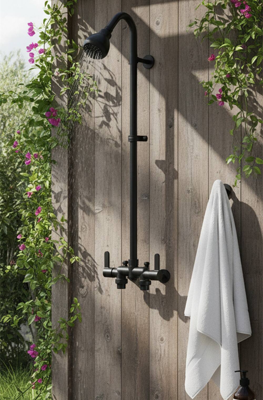 Alt View 2. Dazzed Corner - Wall Mount Outdoor Shower Fixture Kit, 2-Handle Brass Valve with Rotatable Showerhead - Matte Black.
