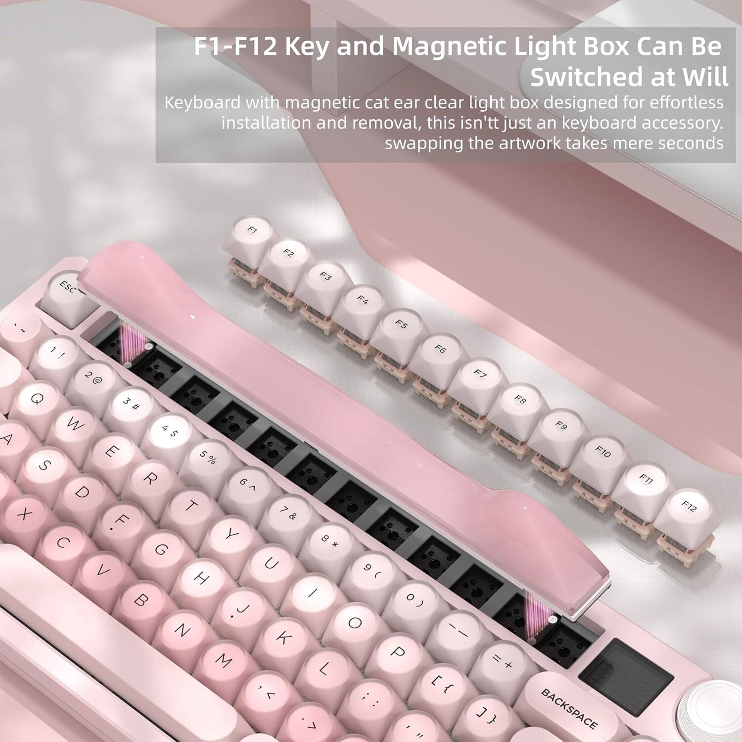 F1-F12 Key and Magnetic Light Box Can Be Switched at Will

Keyboard with magnetic cat ear clear light box designed for effortless installation and removal, this isn't just an keyboard accessory. swapping the artwork takes mere seconds

F1 F2 F3 ESC F4 F5 1! F6 2@ Q # M 4$ A E 5% S R 6^ D X T 7 &  C Y 8* G V U 9( e H I  0) J N O K M P L [  ; : > F "

F7 F8 F9 F10 | + ]} BACKSPACE

F11

F12