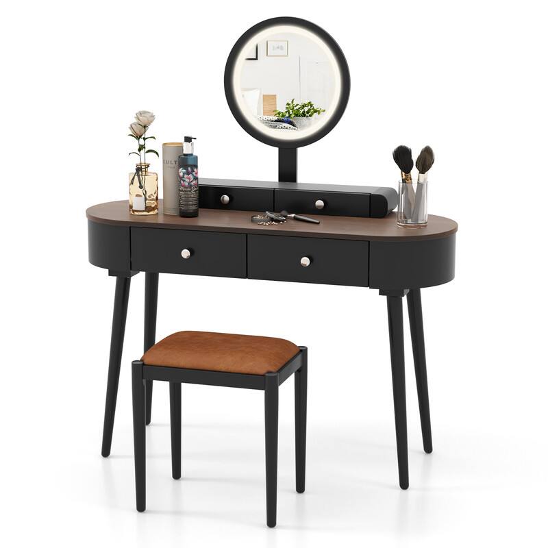 Front. WELLFOR - 47 Inch Modern Makeup Vanity Desk Set with 3 Color Round LED Mirror, Dressing Table with 4 Storage Drawers&Padded Stool - Black and Brown.