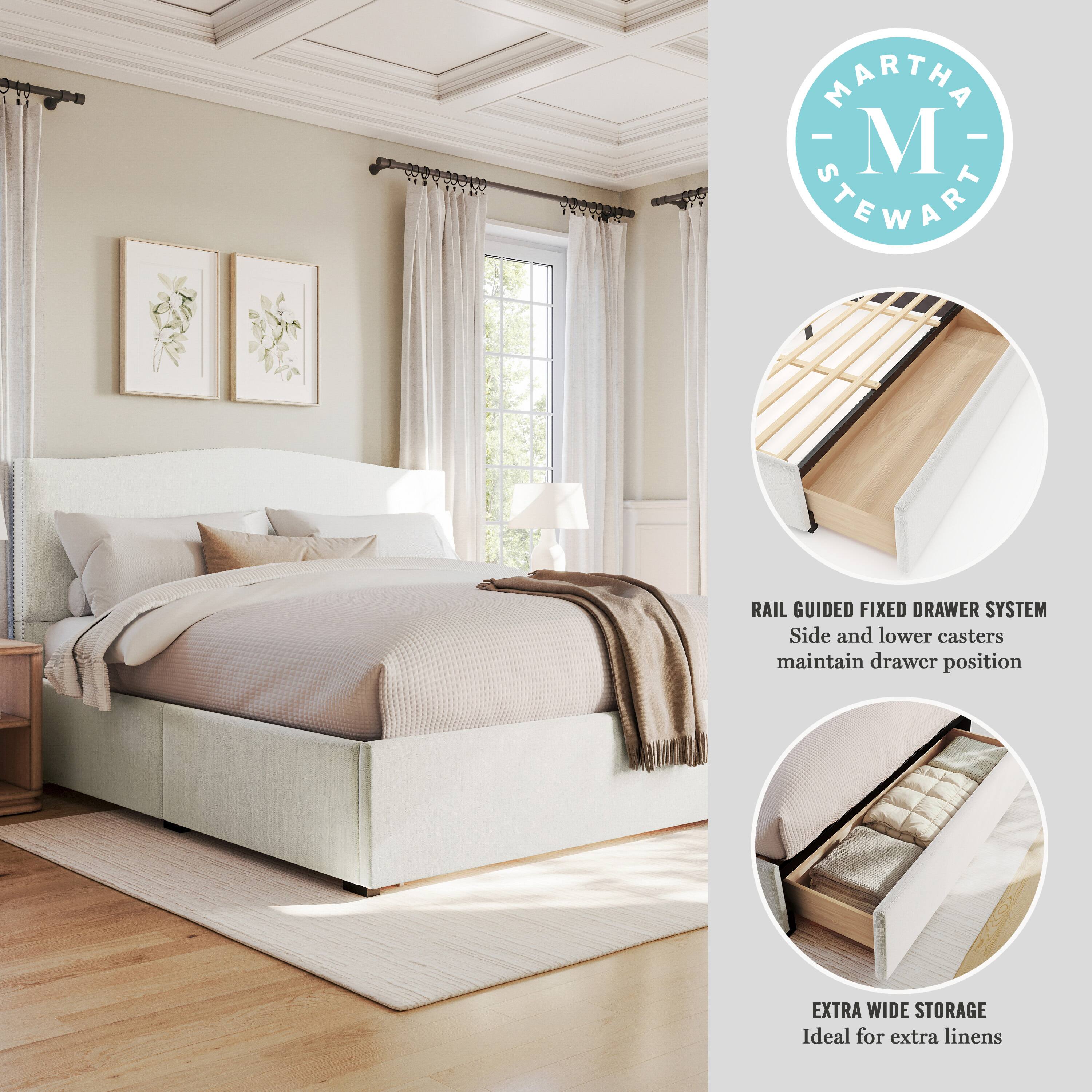 MARTHA - M STEWART  
RAIL GUIDED FIXED DRAWER SYSTEM  
Side and lower casters maintain drawer position  
EXTRA WIDE STORAGE  
Ideal for extra linens
