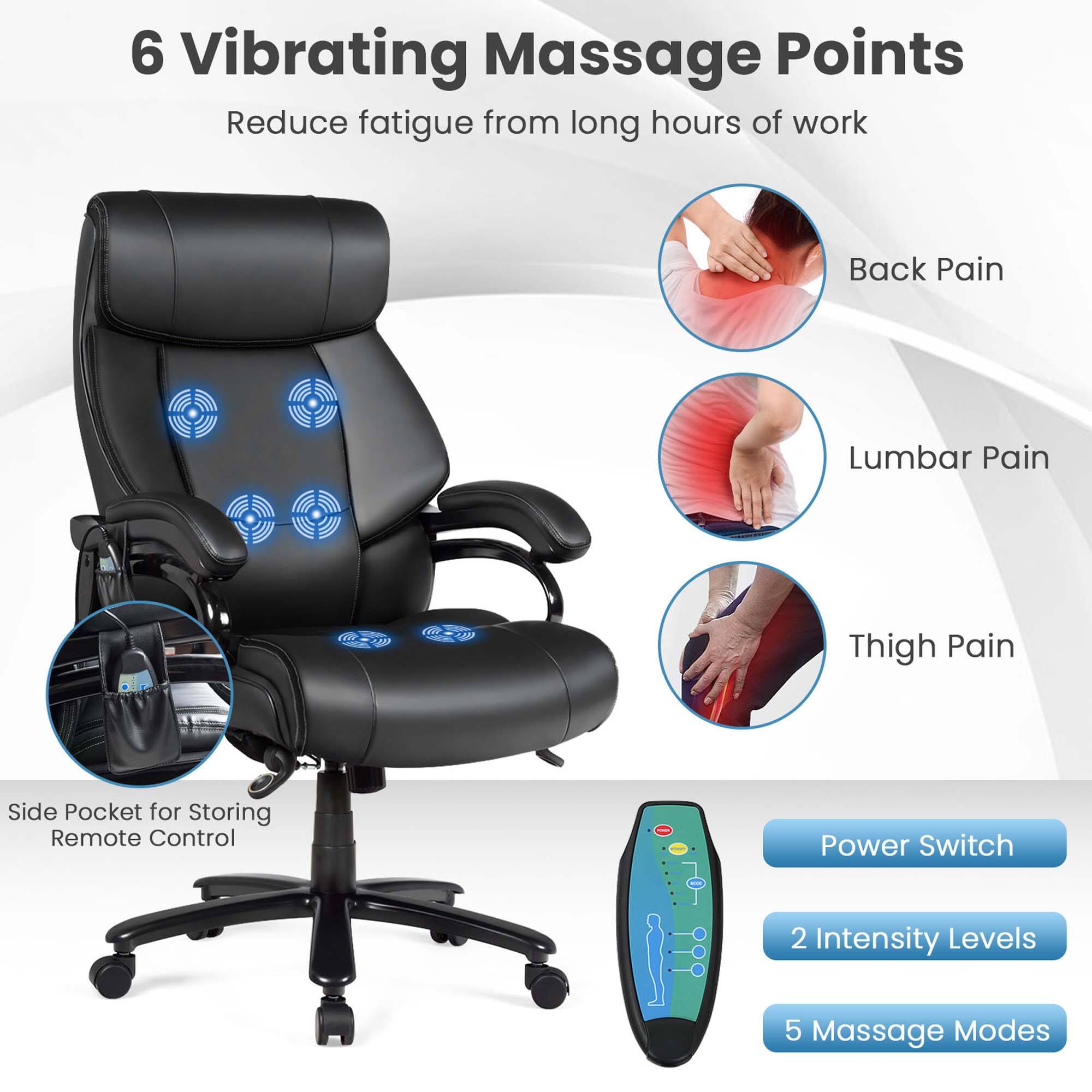 6 Vibrating Massage Points: Reduce fatigue from long hours of work, Back Pain, Lumbar Pain, Thigh Pain, Side Pocket for Storing Remote Control, Power Switch, 2 Intensity Levels, 5 Massage Modes.
