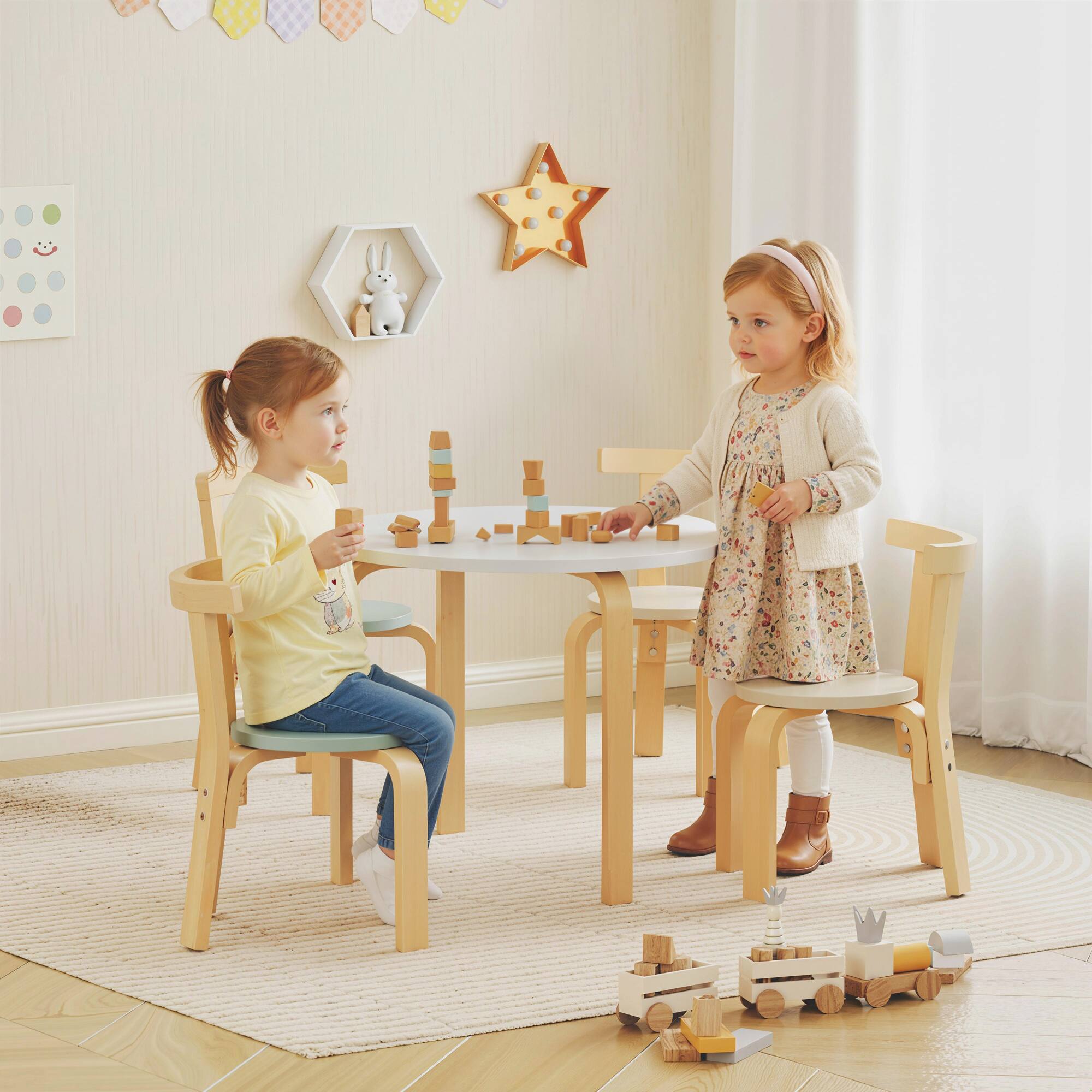 Angle. Qaba - Kids Table and Chairs Set, 5 Piece Wooden Set(1 Table,4 Chairs), for Arts, Crafts, Reading, Playroom, for 3-8 - Green.