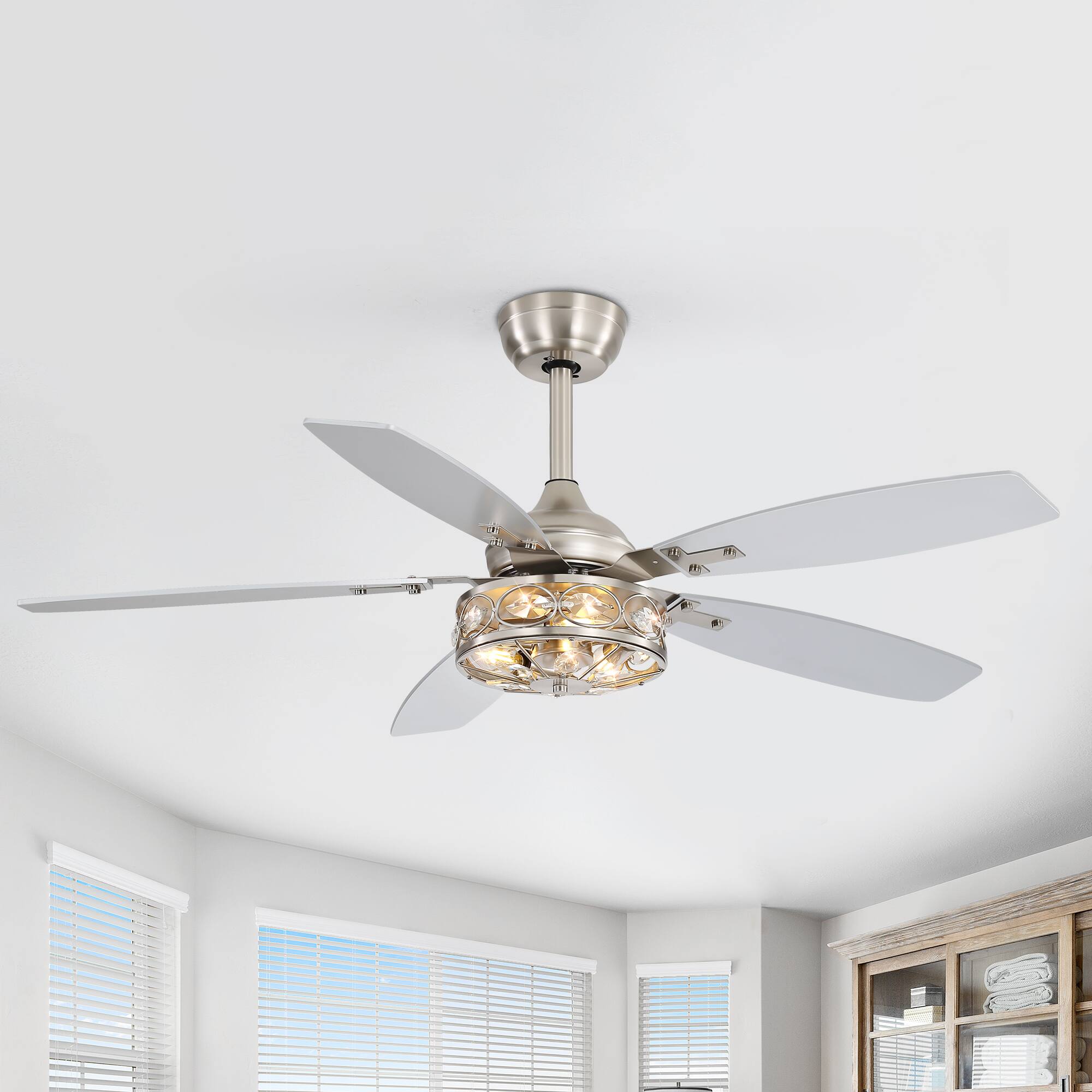Alt View 1. Breezary - 48-in Indoor Ceiling Fan with Light Kit and Remote, 5 Blades, 6-Speed DC Motor, with Timer and 4''/8'' Downrods - Satin Nickel.