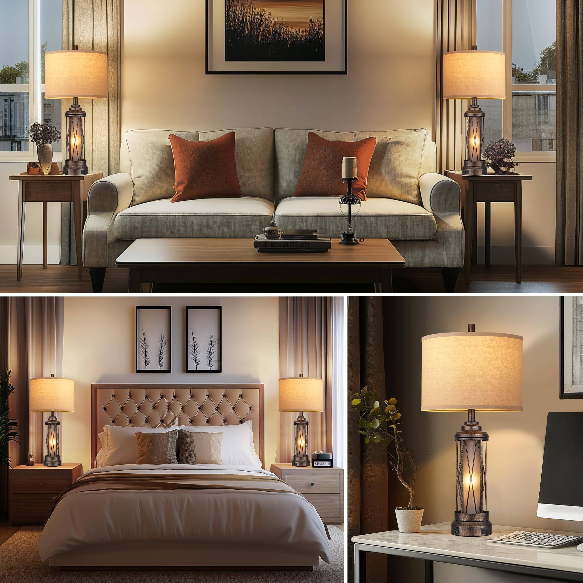 Alt View 1. Pawtners - Farmhouse Rustic Table Lamp, Frosted Glass with USB A+C Charging Ports & Night Light, 4 Bulbs Included.