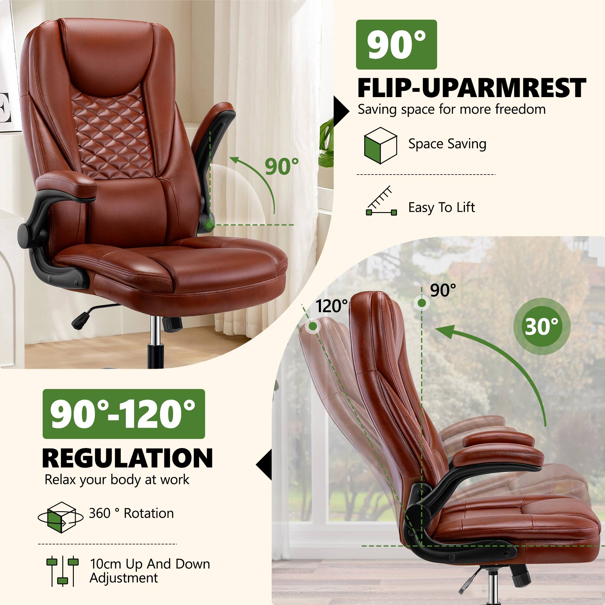 C 90° FLIP-UP ARMREST  
Saving space for more freedom  
Space Saving  
Easy To Lift  

90°-120° REGULATION  
Relax your body at work  
360° Rotation  
10cm Up And Down Adjustment