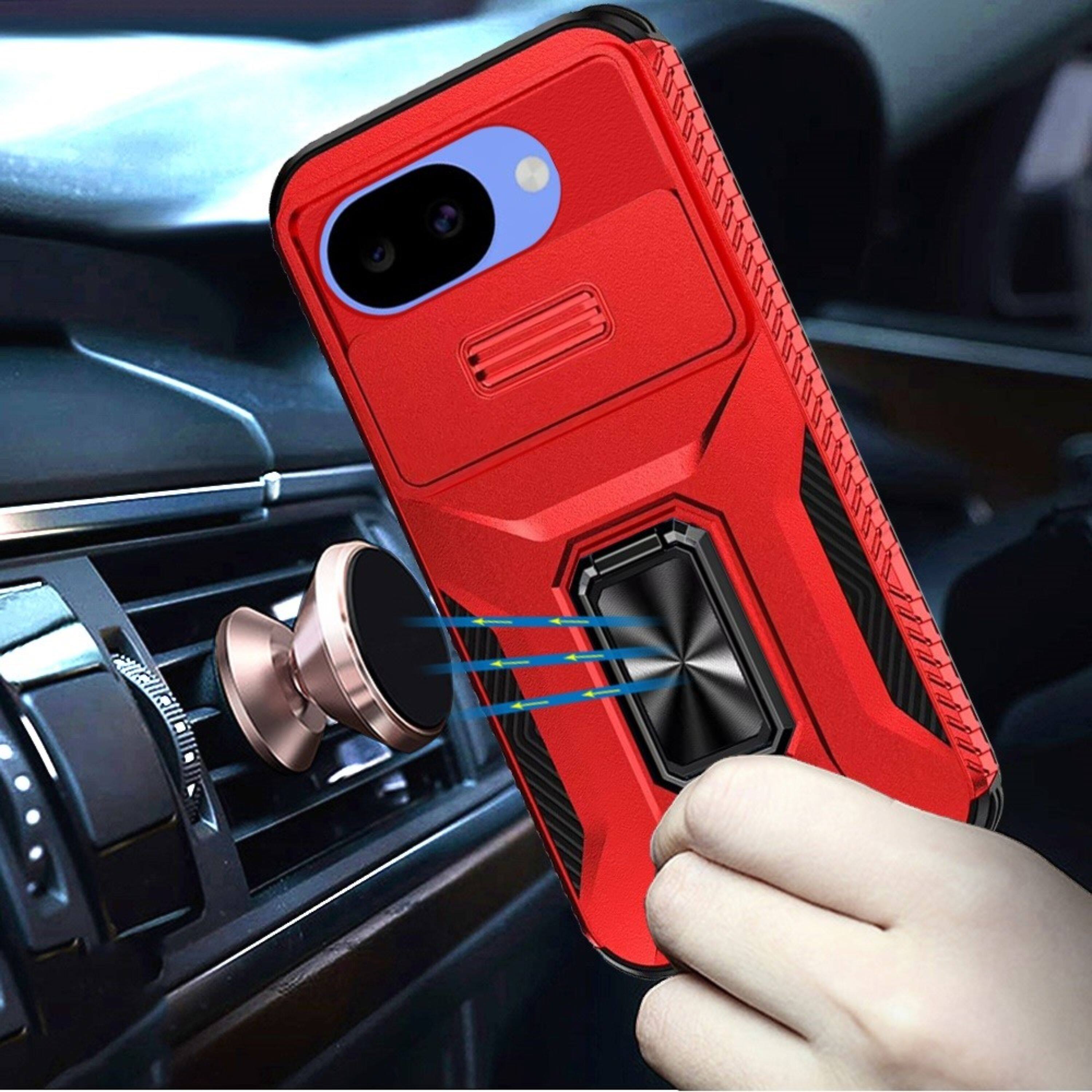 Angle. Kitcheniva - Full Coverage Metal Stand Lens Cover Phone Case With Tempered Glass For Google Pixel 10a Red - Red.