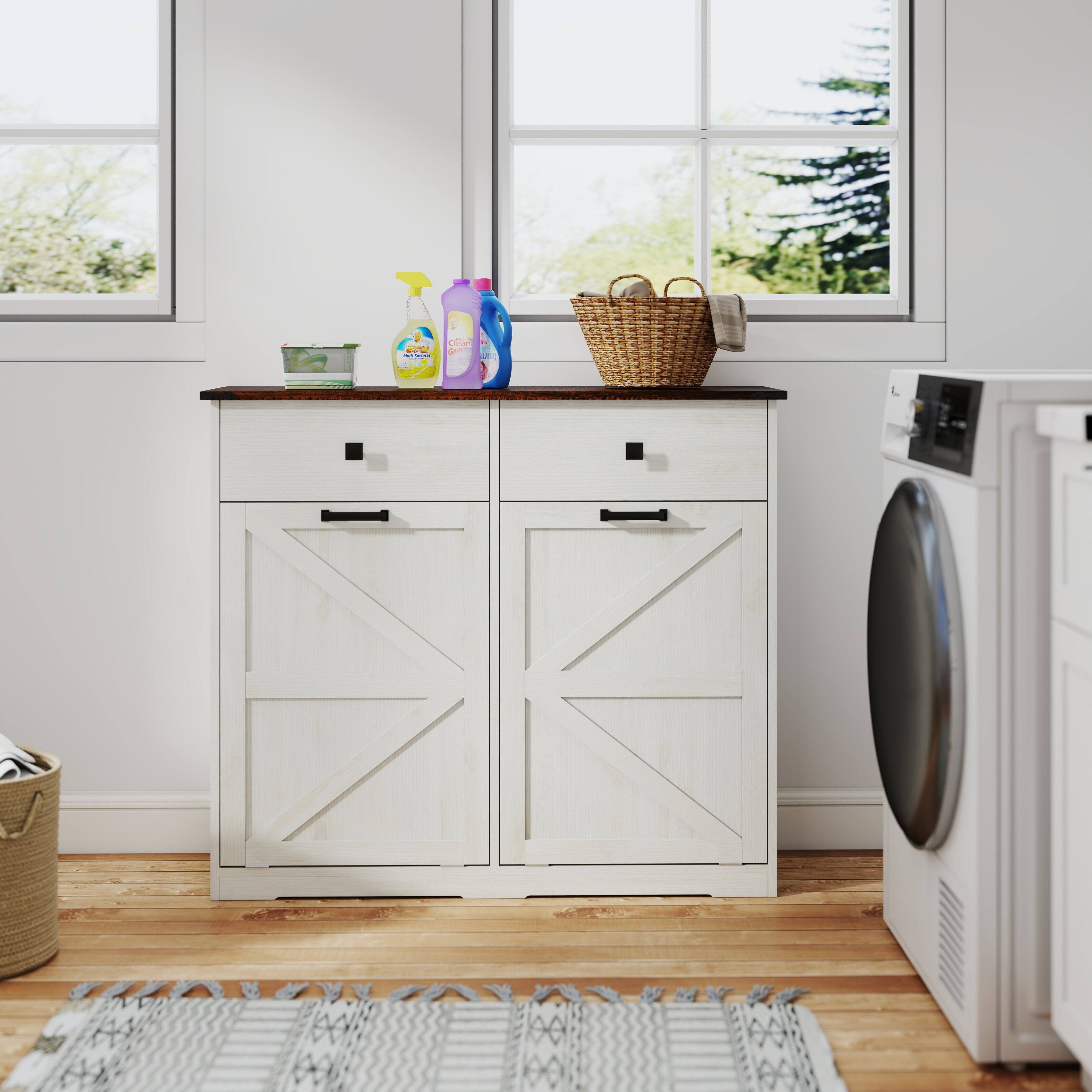 Alt View 6. GOODSILO - Double Tilt Out Trash Cabinet - Farmhouse Style Kitchen Recycling Cabinet with Drawer - Brown + Antique White.