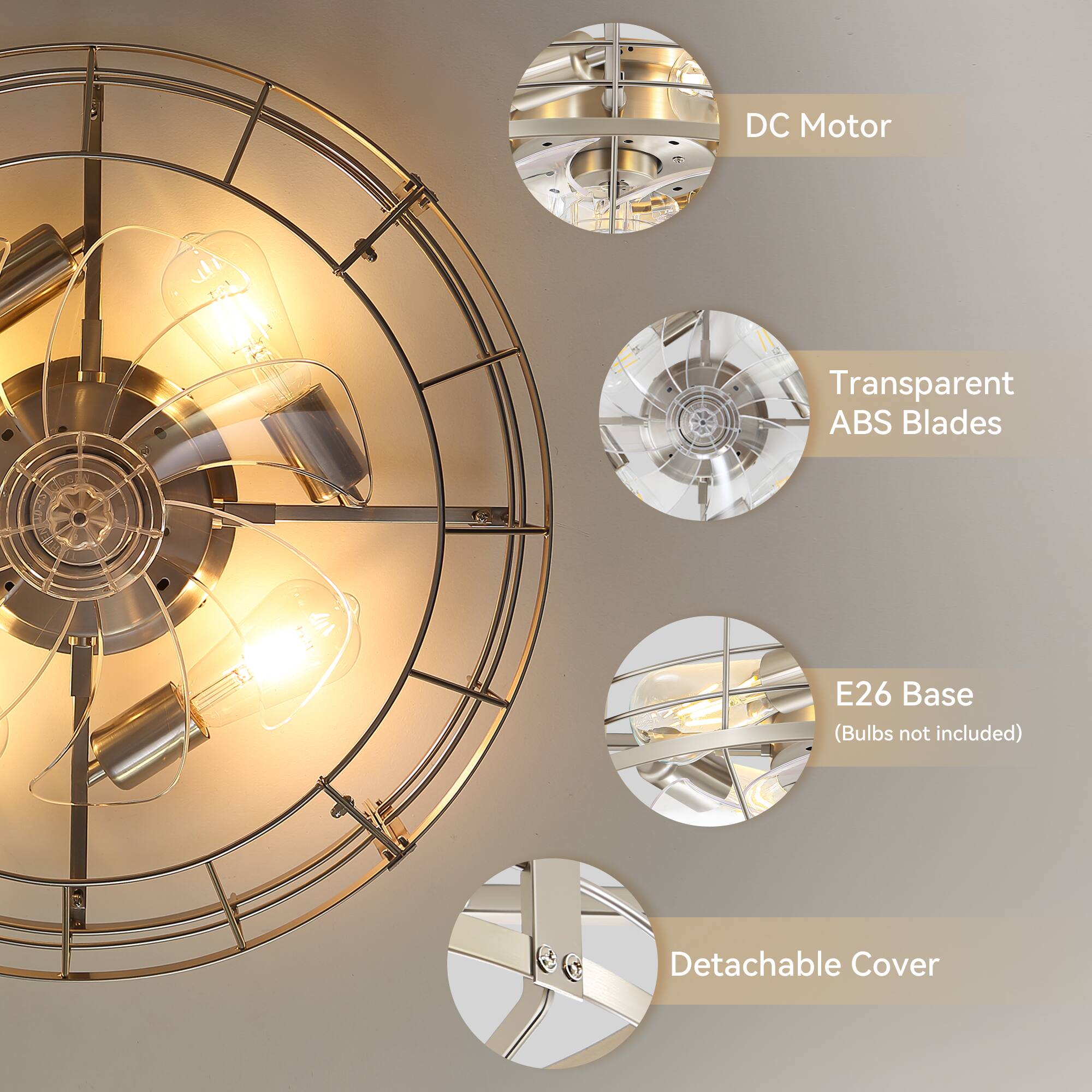 DC Motor  
Transparent ABS Blades  
E26 Base (Bulbs not included)  
Detachable Cover