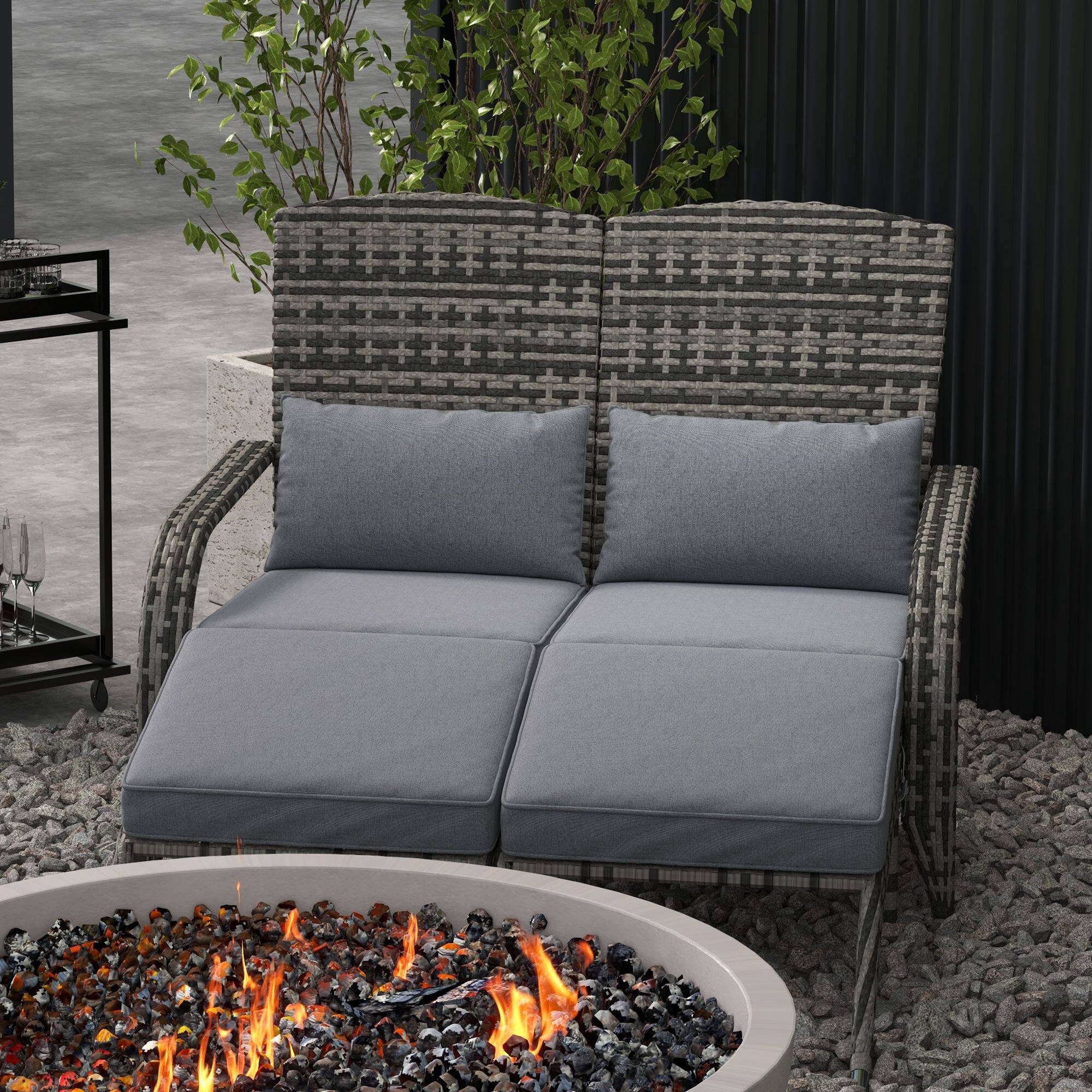 Alt View 7. Outsunny - Wicker Adirondack Chair for 2 with Cushions & Footrests, PE Rattan Double Chaise Lounge Chair - Gray.