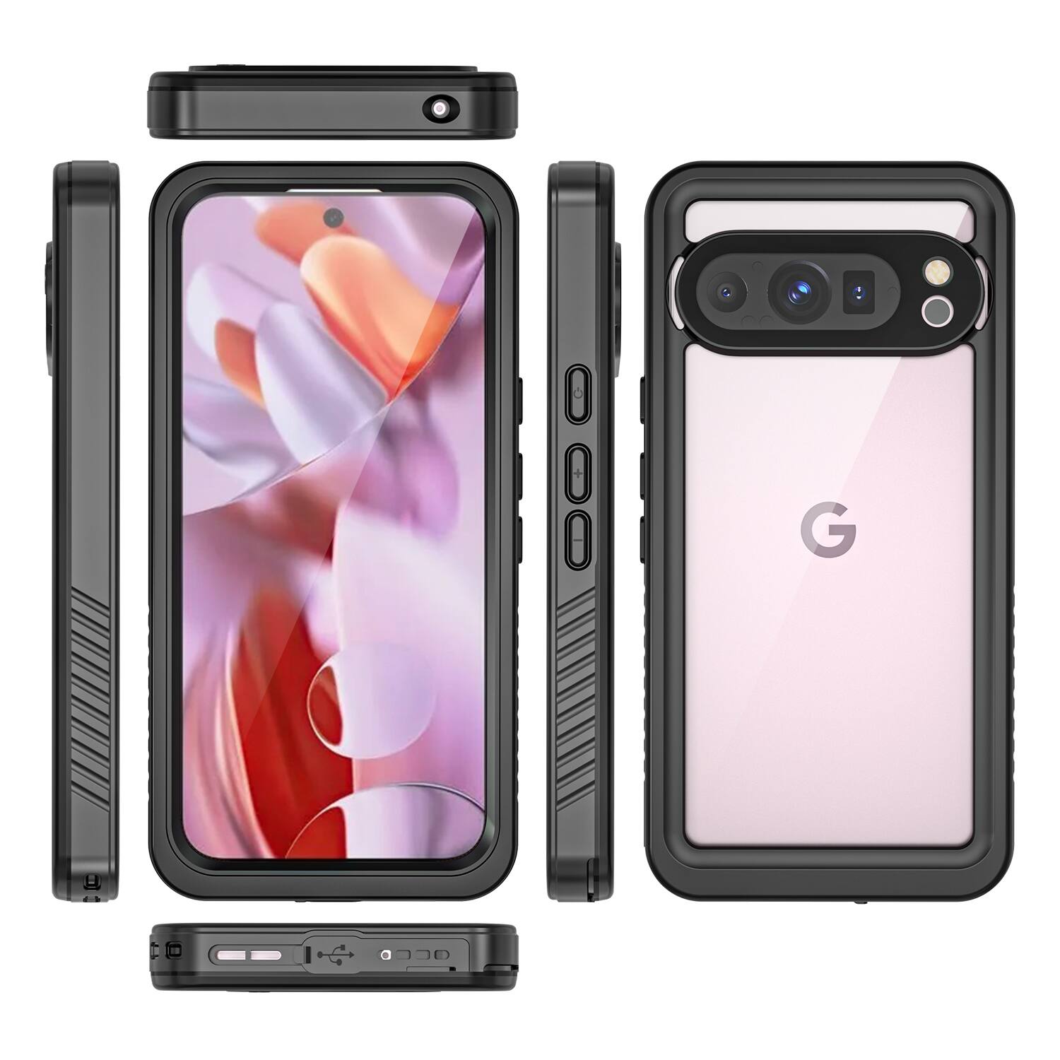 Alt View 4. Dteck - Waterproof Full Body Case for Google Pixel 9 Pro,Clear Back Shockproof Heavy Duty Cover with Built-in Screen Protector - Black.