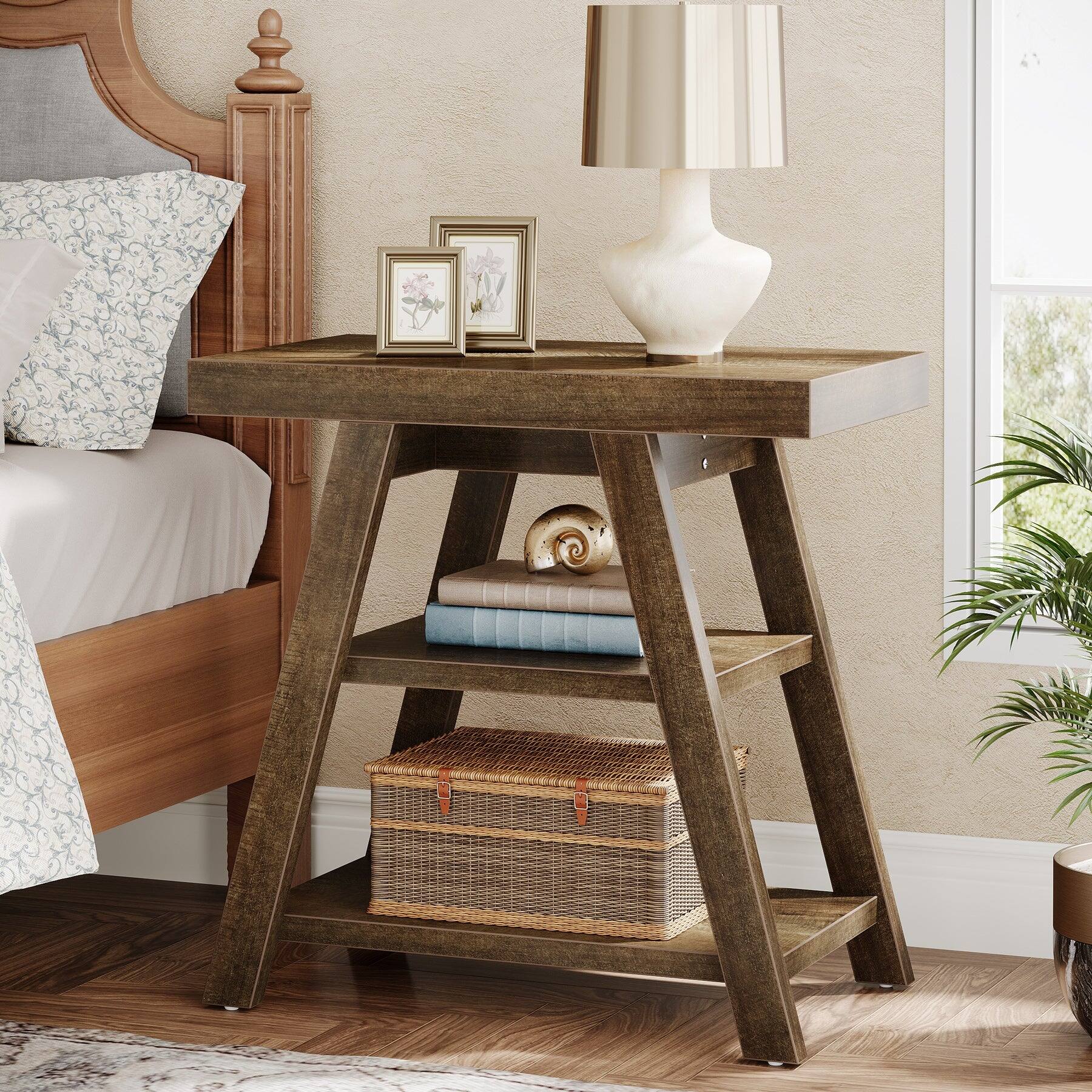 Alt View 2. Tribesigns - Farmhouse End Table with Engineered Wood Construction and Storage Shelves for Living Room and Bedroom - Brown.
