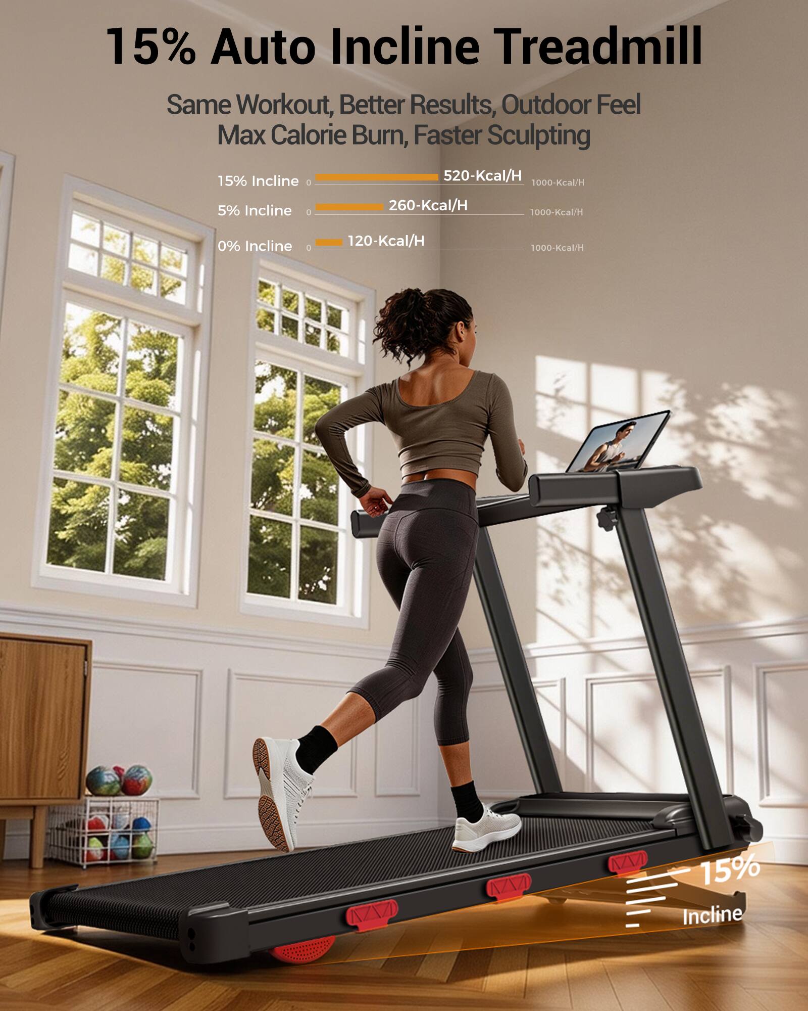 15% Auto Incline Treadmill  
Same Workout, Better Results, Outdoor Feel  
Max Calorie Burn, Faster Sculpting  

15% Incline: 520-Kcal/H  
5% Incline: 260-Kcal/H  
0% Incline: 120-Kcal/H  

15% Incline