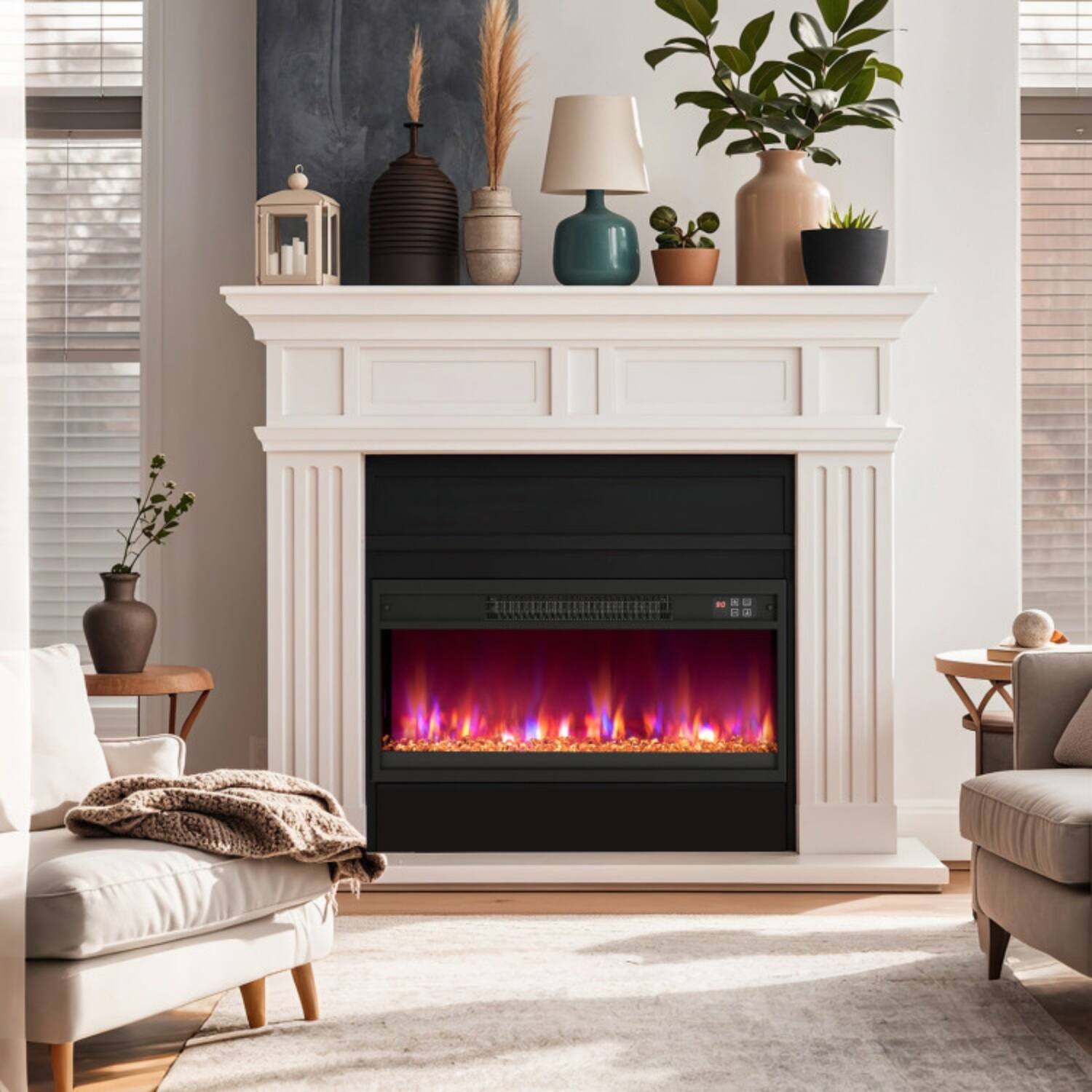 Angle. LUCKY ONE - 26 Inch Recessed Electric Fireplace Insert with Remote & 8 Flame Colors - Black.