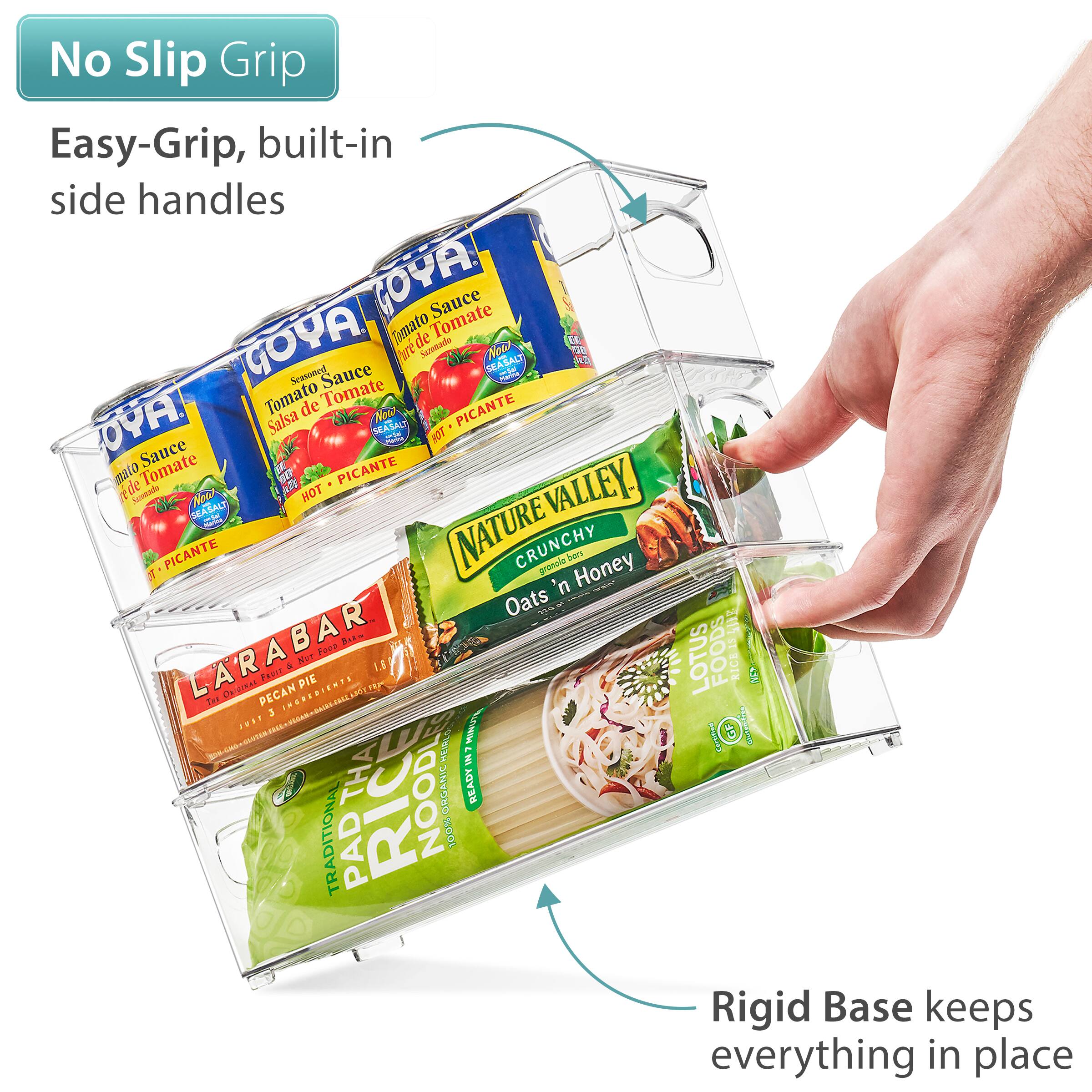 No Slip Grip  
Easy-Grip, built-in side handles  

GOYA Tomato Sauce  
Salsa de Tomate  
Hot - Picante  

NATURE VALLEY  
Crunchy Oats 'n Honey  

LARABAR  
Pecan Pie  

LOTUS FOODS  
Traditional Rice Noodles  

Rigid Base keeps everything in place