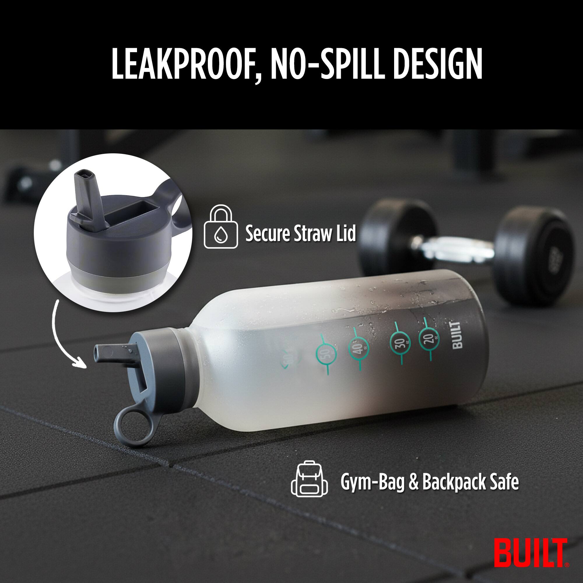LEAKPROOF, NO-SPILL DESIGN  
Secure Straw Lid  
50 40 30 20  
BUILT  
Gym-Bag & Backpack Safe  
BUILT