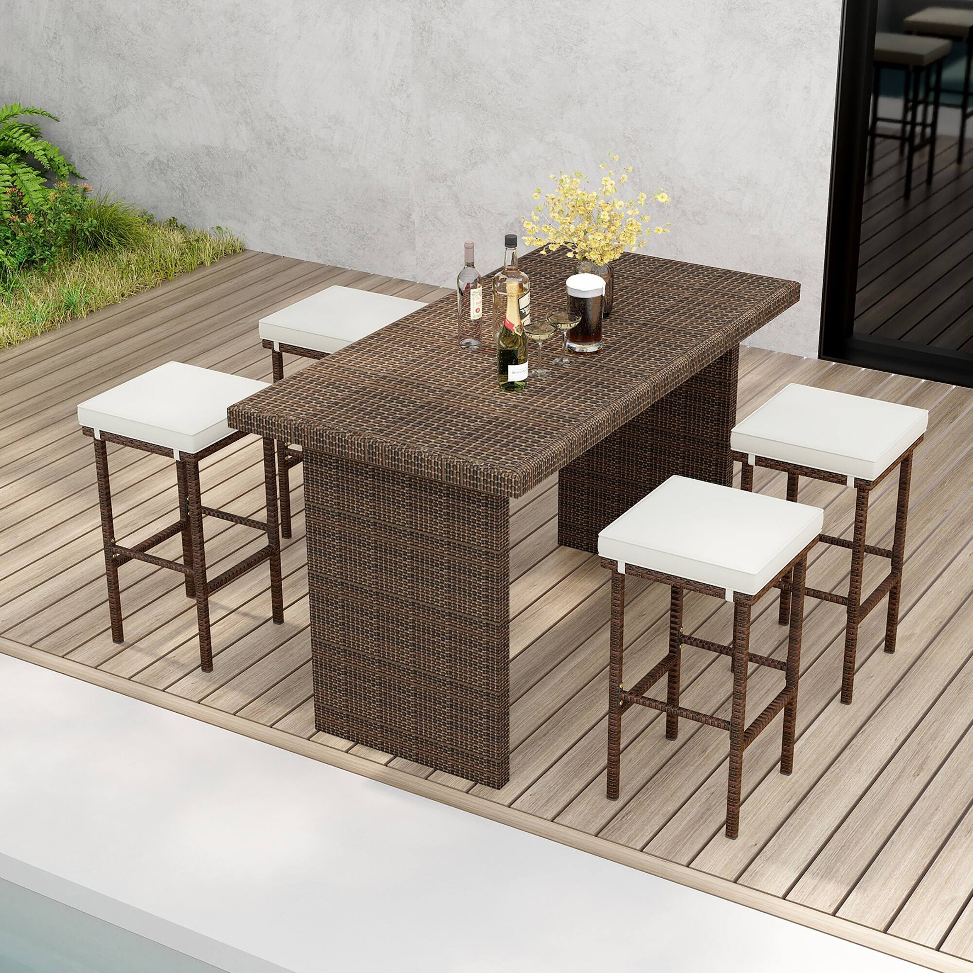 Alt View 1. Gymax - Gymax Wicker Bar Stools Set of 4 w/ Removable Seat Cushions Footrest Support 400 LBS - Mix Brown, Beige.