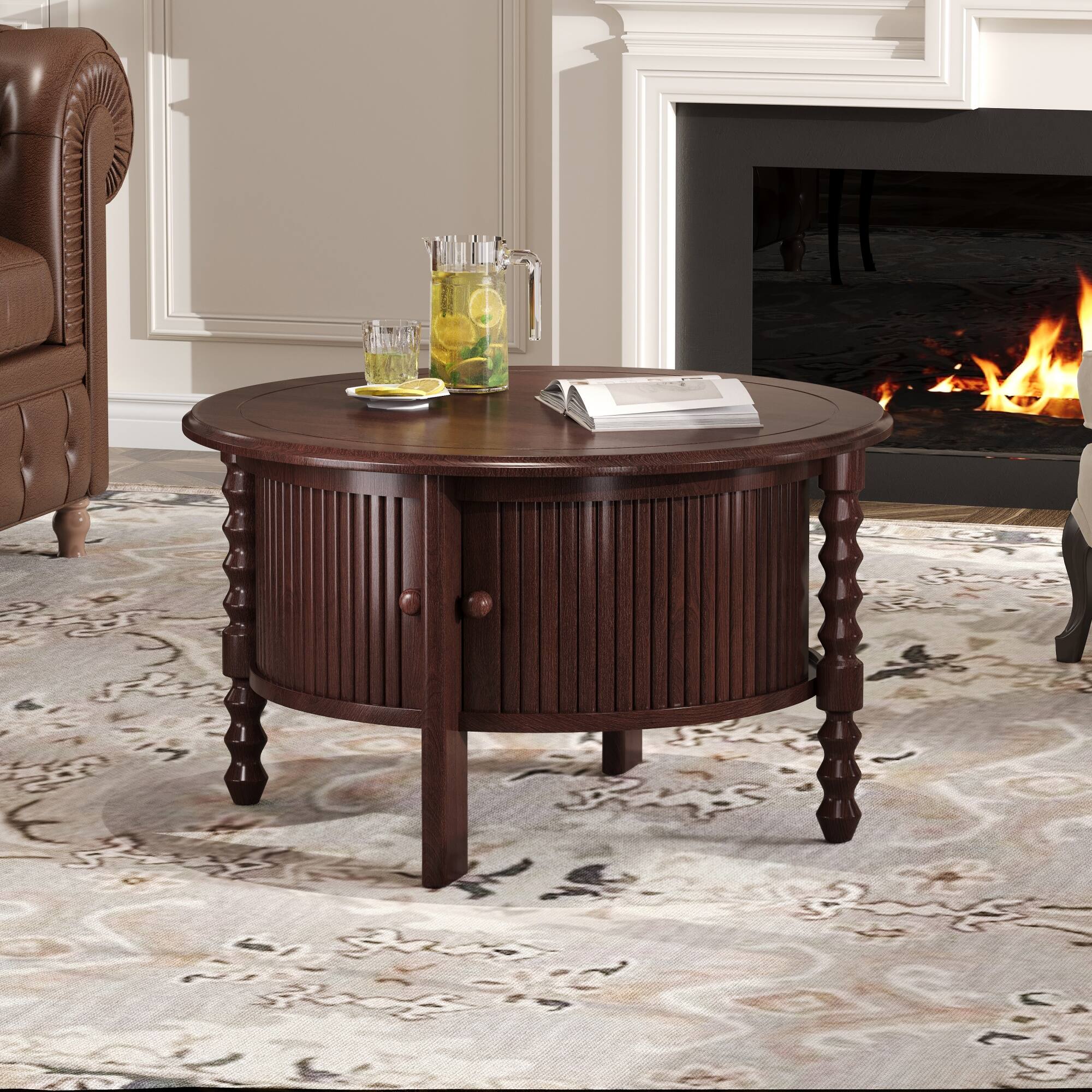 Lirago - 30" Vintage Round Coffee Table Mid Century Modern Style Finish with Sliding Door Storage Slatted Design Accent Table - Brown