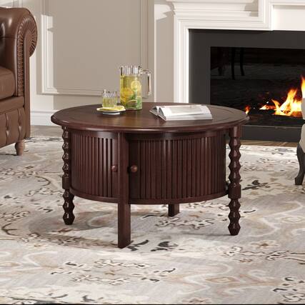 Front. Lirago - 30" Vintage Round Coffee Table Mid Century Modern Style Finish with Sliding Door Storage Slatted Design Accent Table - Brown.