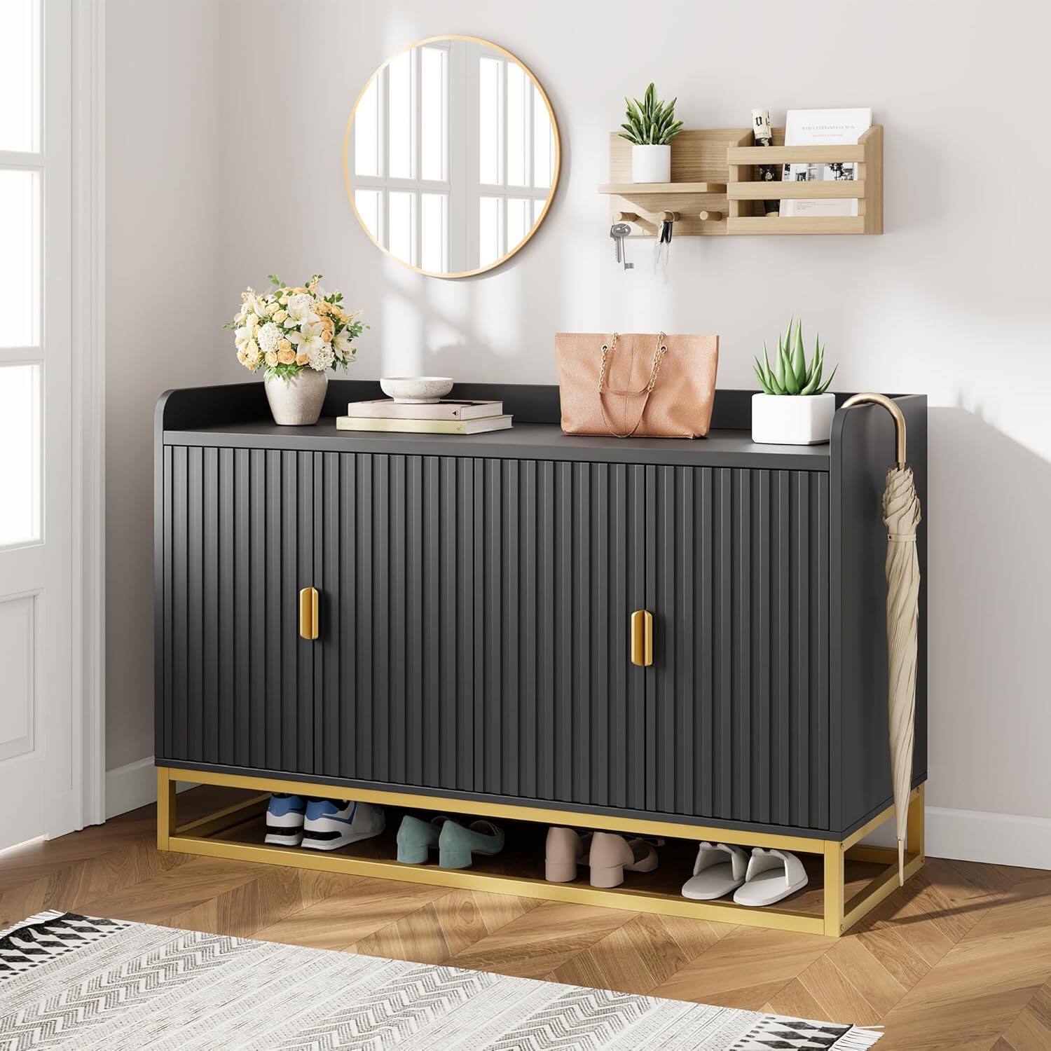 Back. Homhougo - 47.2" Black Fluted Sideboard, Modern Media Console, Storage Doors - ‎Black.