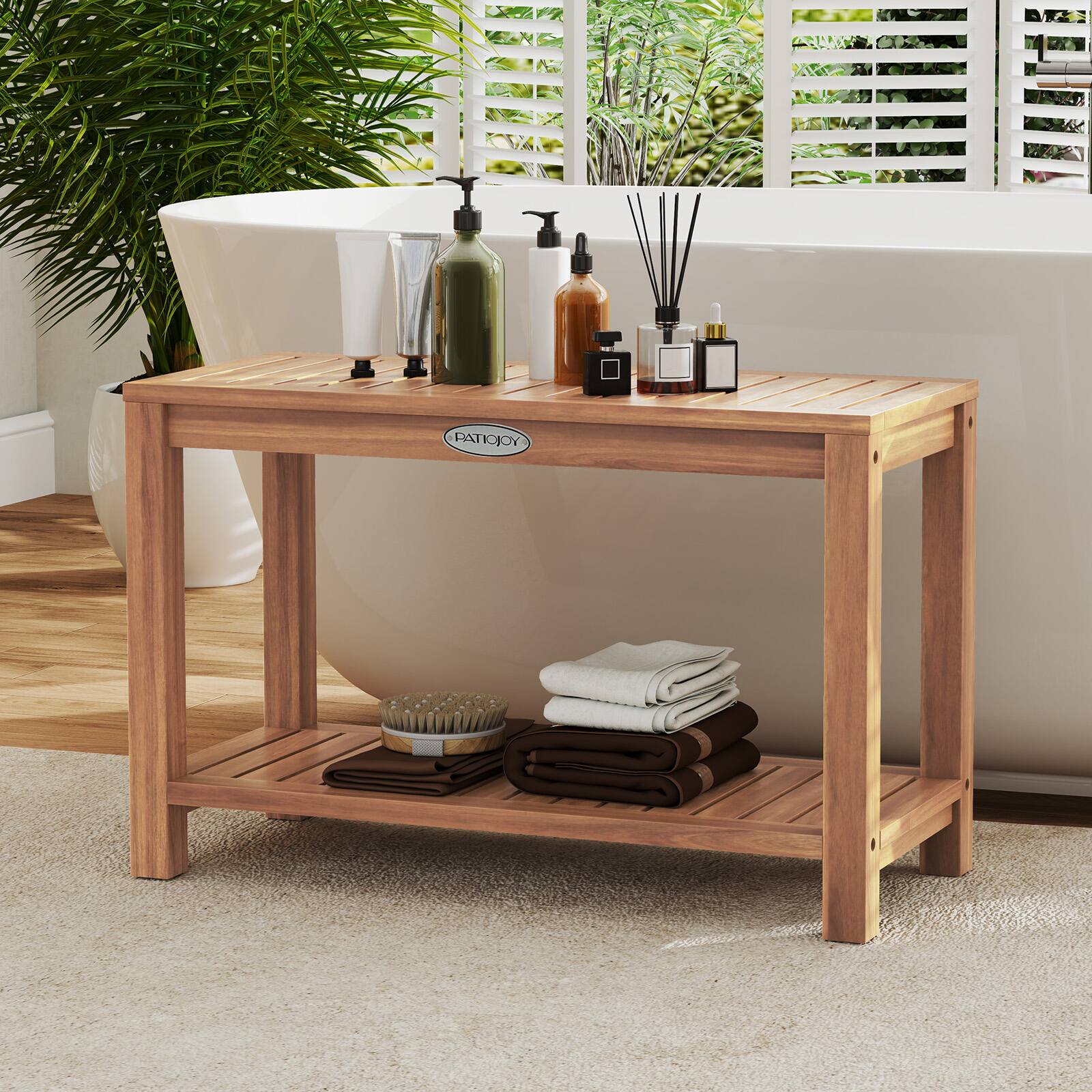 Alt View 1. Gymax - Gymax 30 Inch Teak Wood Shower Bench Inside Shower Stool w/ Storage Shelf for Adults - Teak.