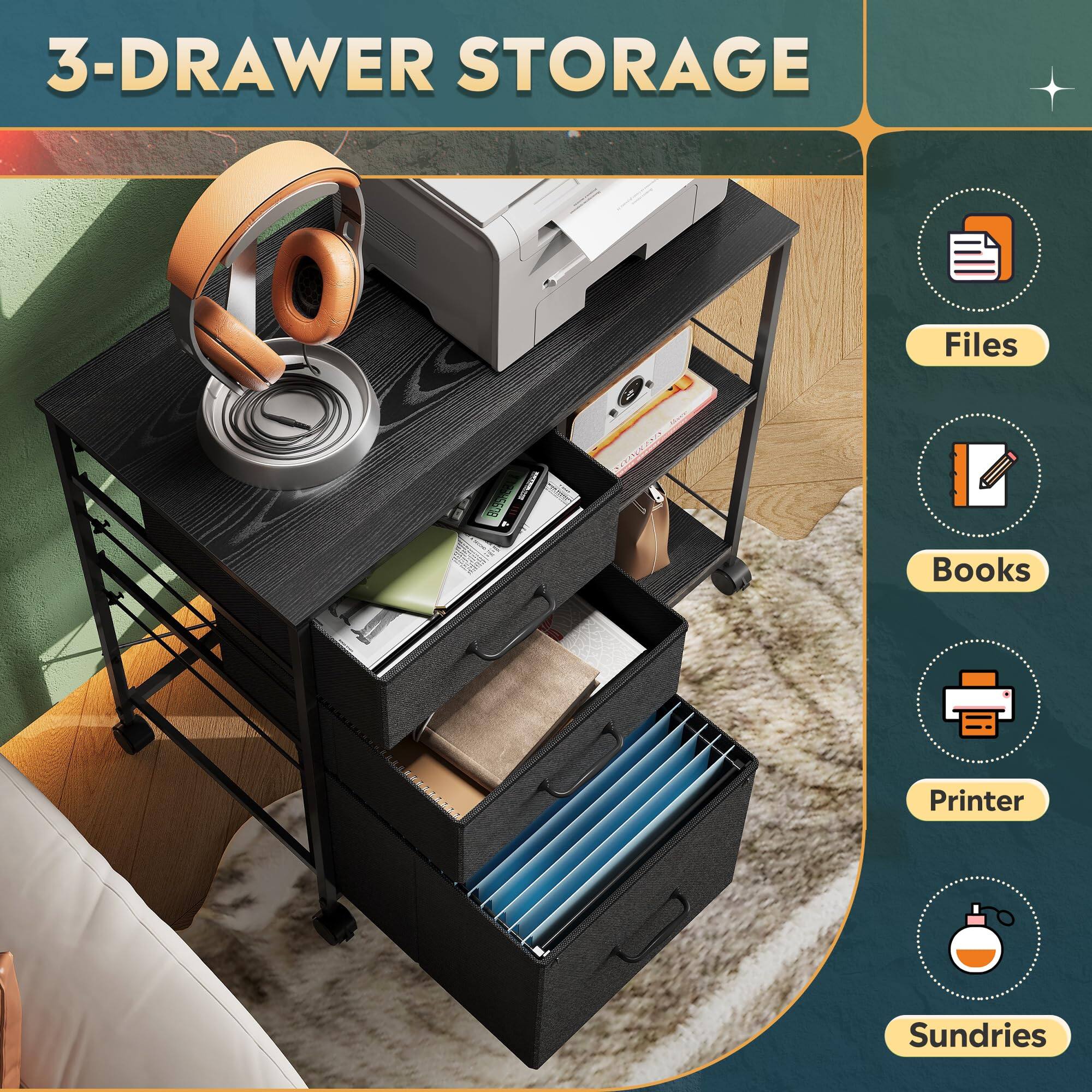 3-Drawer Storage

- Files
- Books
- Printer
- Sundries